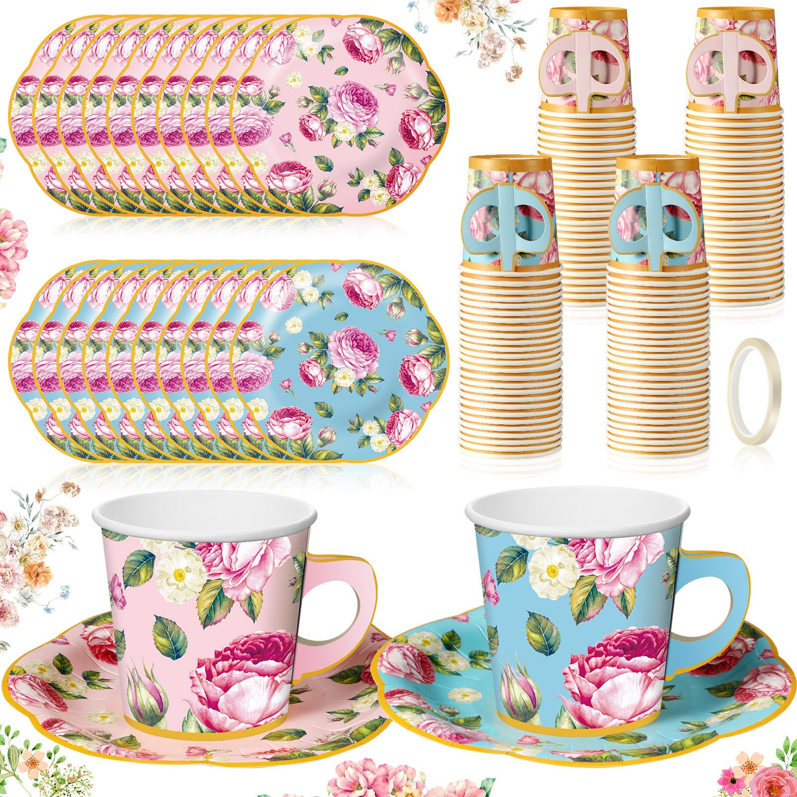 120 Sets Tea Party Decorations 6.5oz Floral Paper Tea Cups with Handle and Plates Disposable Blossom Teacups and Saucers Sets with Tape for Hot Cold Drink Birthday (Stylish Style)