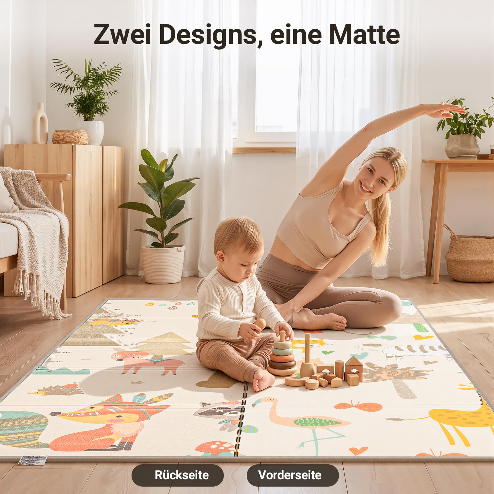 COSYLAND Krabbelmatte Baby Faltbar 120x180x1cm - Doppelseitige XPE Spielmatte Baby mit Schlafenden Tieren & Fuchs Bär Motiven, Weiche Babymatte Spielteppich für Kinder, Babygeschenk