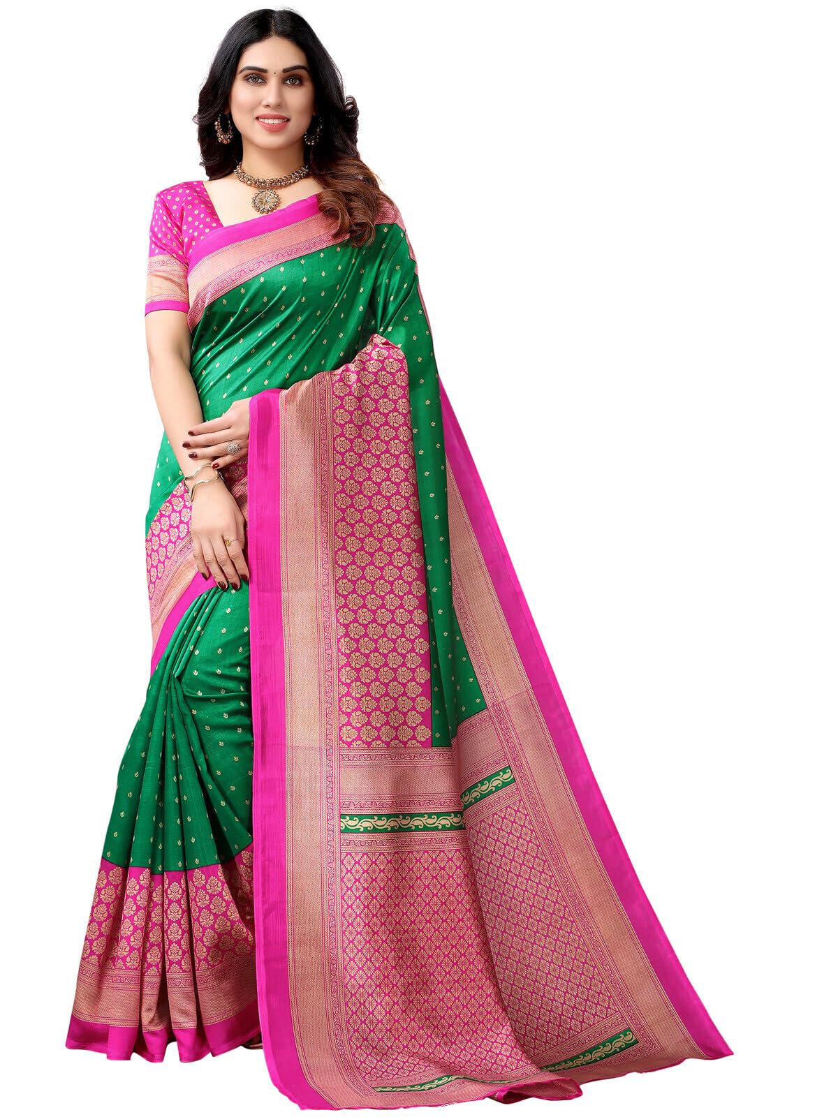 Shiv Textiles Women's Art Silk Traditional Prints Saree(143S104_Green & Beige)