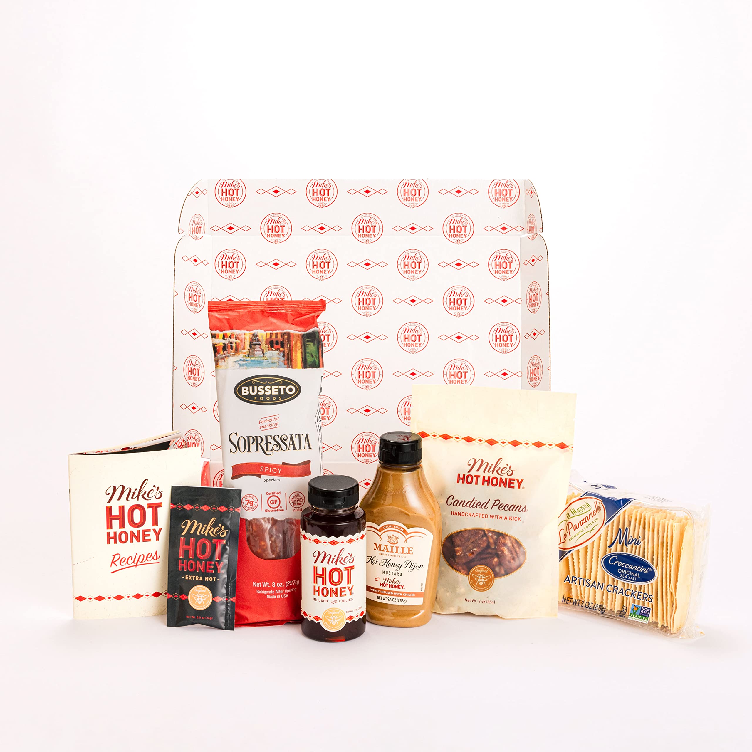 Mike's Hot Honey Gourmet Gift Basket - Mike's Hot Honey, Artisan Sausage,  Candied Nuts, Sea Salt Crackers, Dijon Mustard - Everything but the Cheese