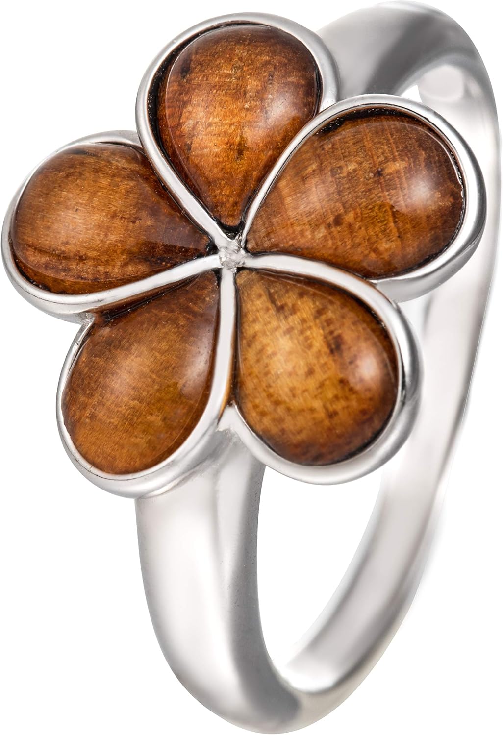 925 Sterling Silver Koa Wood Hawaiian Plumeria Flower Wedding Band Promise Ring, Nickel Free Hypoallergenic for Sensitive Skin, Rhodium Finished, Gift Box Included