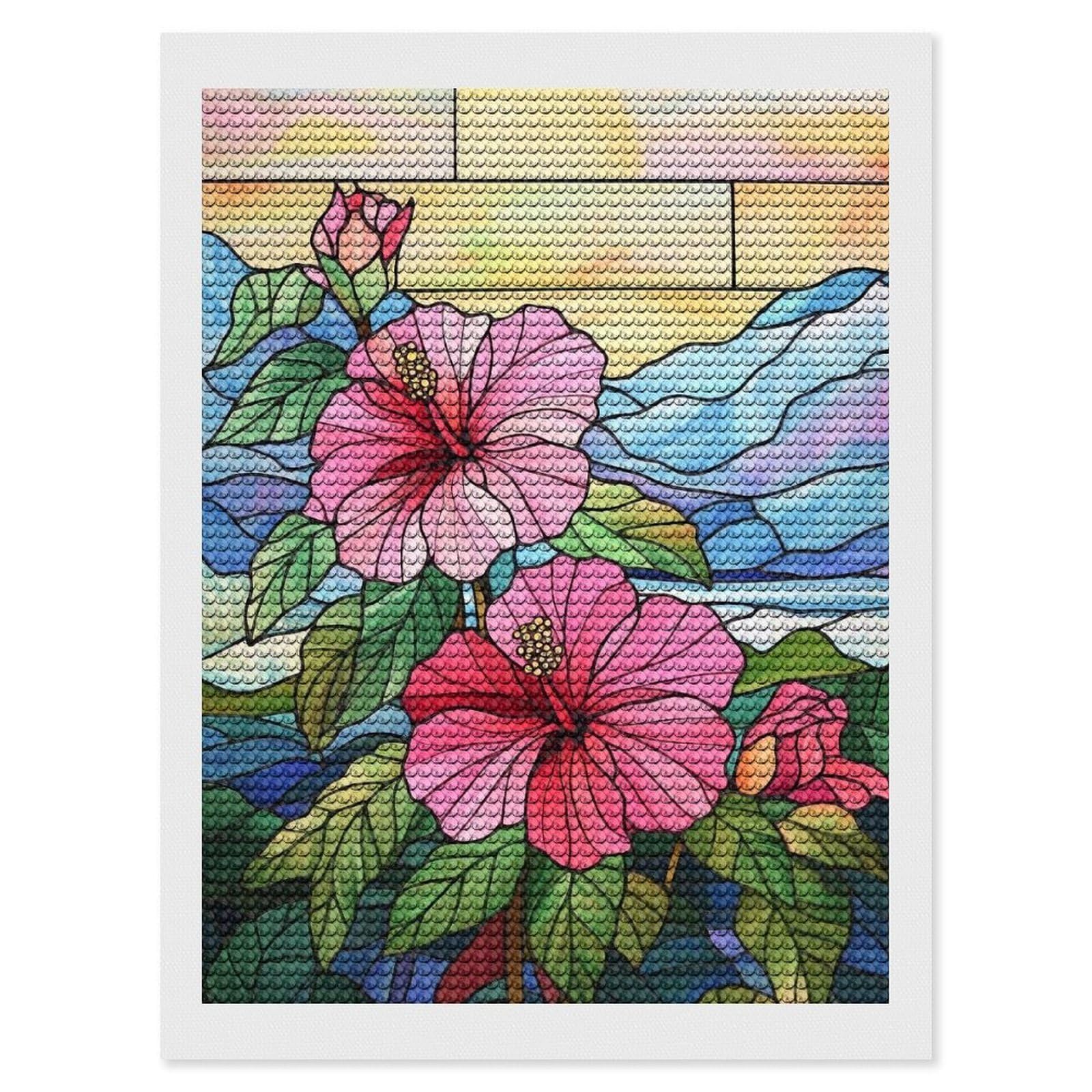 Junmoney Stained Glass Hibiscus Diamond Painting Kit 12"x16", Thoughtful Handmade Gift, for Creative Relaxation, Printed Canvas, Cosy Home Accent
