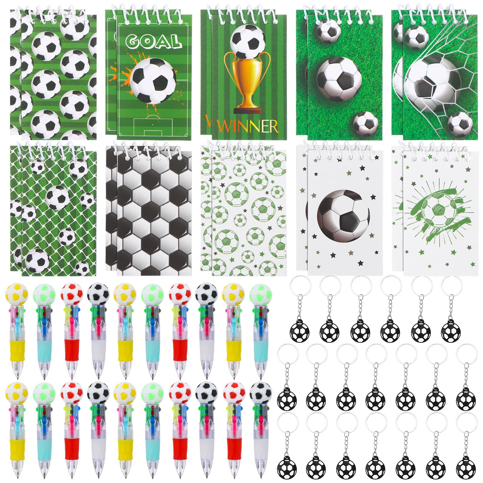 BVREUG 48Pcs Soccer Party Favors Football Party Bags Fillers Soccer Ball Pens Notepads Keychains and Bags Bulk Gifts for Sports Lover Coach Coworkers Birthday Party Goodie Bag
