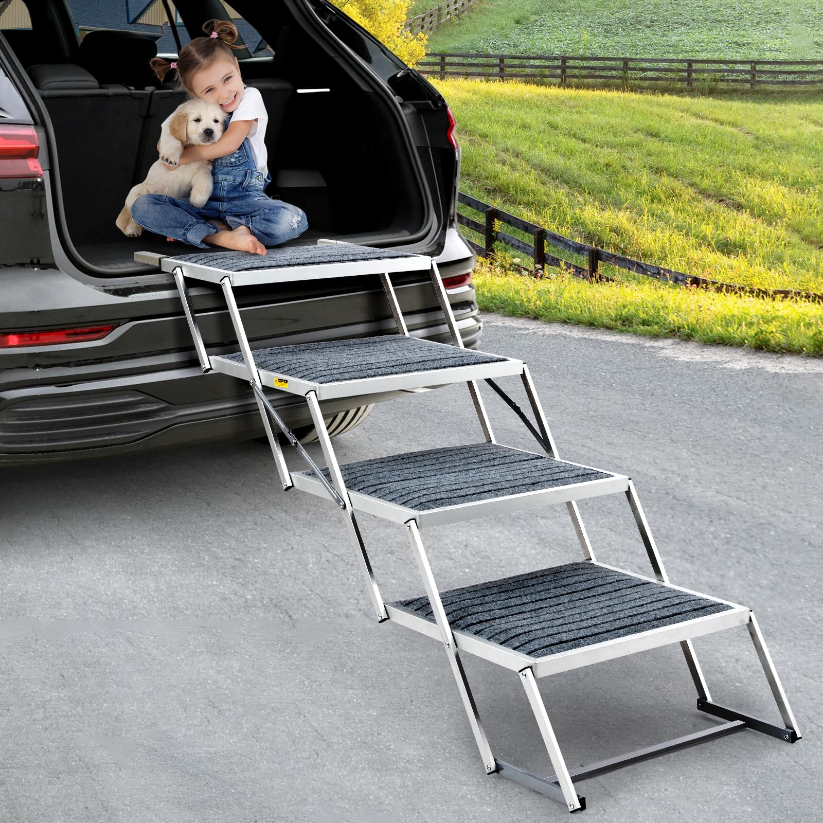 Hundetreppe Auto Für Große Hunde mit Teppich, Extra Breit 4 Stufen Hunderampe Auto Klappbar,Leichte Hunderampe Auto Klappbar, rutschfeste Hundetreppe für Lastwagen und SUV, Unterstützung bis 100 KG