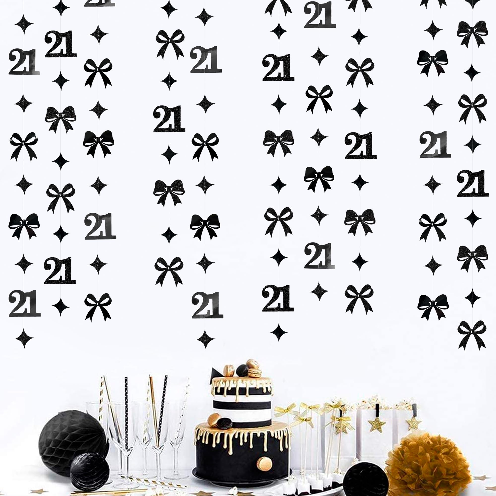 Black 21st Bow Birthday Decorations Glitter Conquette Bow Garland Streamer Banner Backdrop for Girls Boys Happy 21st Birthday Finally Legal Cheers to 21 Years Old Awesome Since 2004 Party Supplies