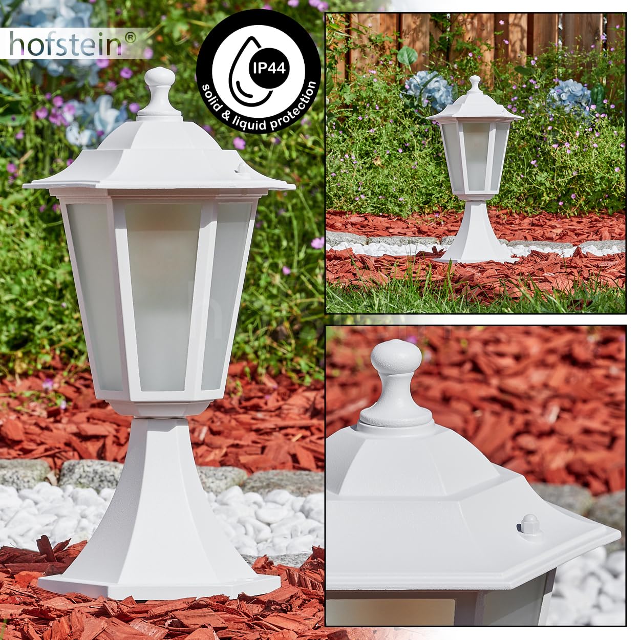 Luminaria de exterior Loria, luminaria de pie de metal/vidrio en blanco/gris claro, discos intercambiables en transparente, aspecto antiguo, 37 cm, jardín, iluminación de jardín IP44, E27 sin bombilla