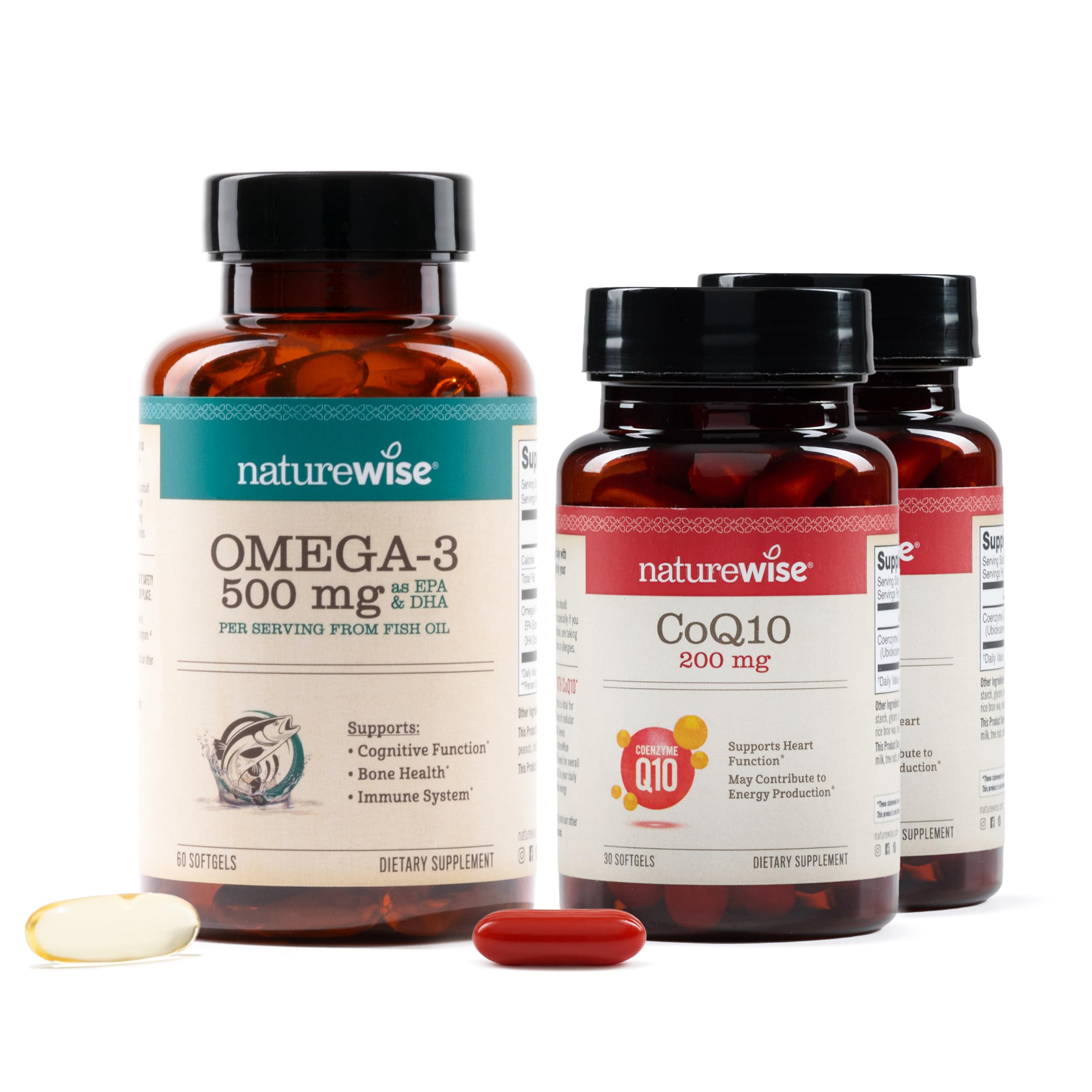 NatureWise [1] Omega 3 Fish Oil - 500 mg - Wild-Caught, Non-GMO - 60 Softgels[2-Month Supply] + (Pack of 2) CoQ10 200mg - High Potency Ubiquinone, Non-GMO - 30