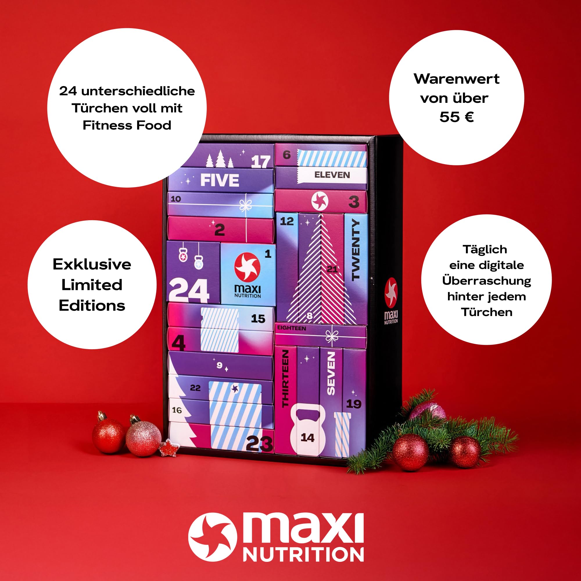 MaxiNutrition Protein Adventskalender 2025 mit 24 leckeren Überraschungen, Geschenkidee für Sportler