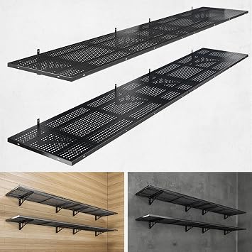 4-Pack 1.5x4ft Heavy Duty Garage Wall Shelving, 1000 lbs Load Capacity, Garage Shelving Wall Mounted, Storage Rack with Hooks, Black