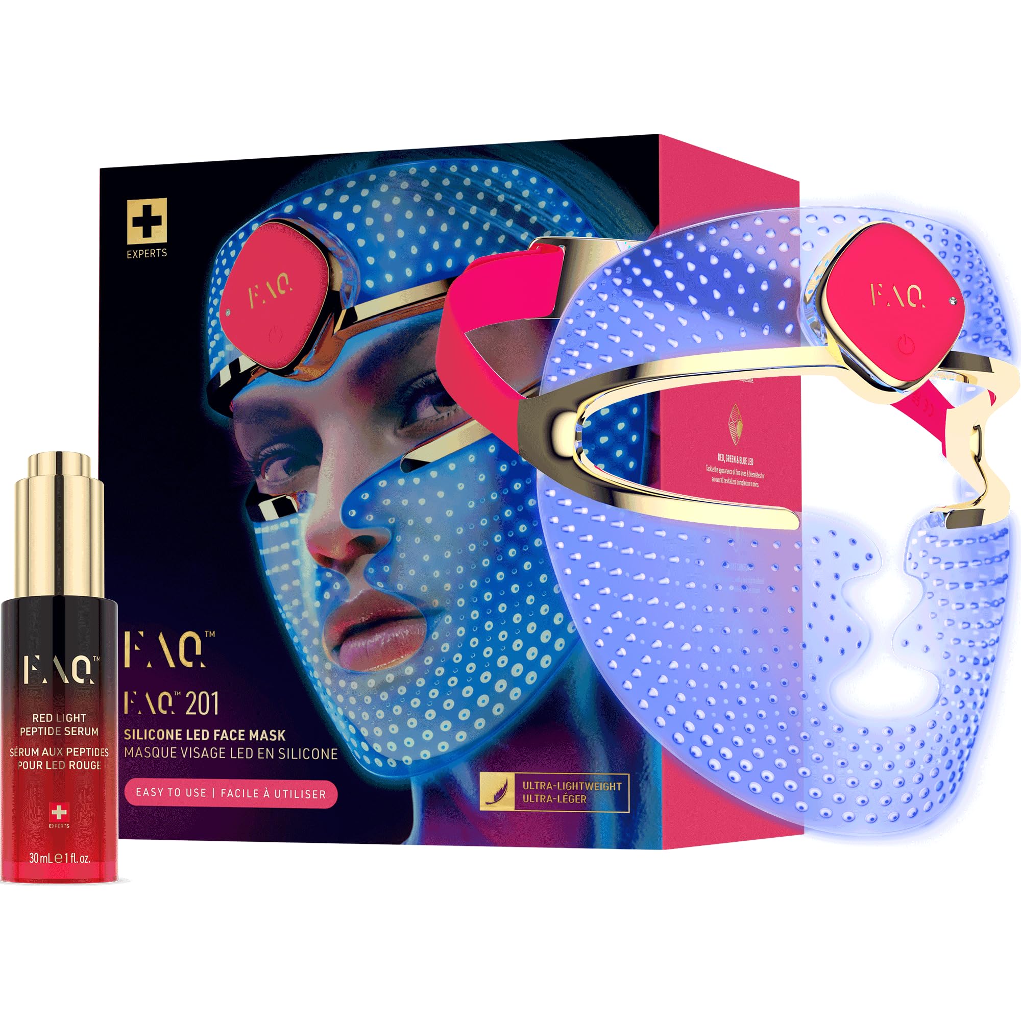 FAQ 201 RGB-LED-Gesichtsmaske + Rotlicht-Peptidserum-Set | LED-Gesichtsmaske, Rotlichtmaske, Peptidserum, Hyaluronsäure, Nahinfrarot, Silikonmaske, alle Hauttypen