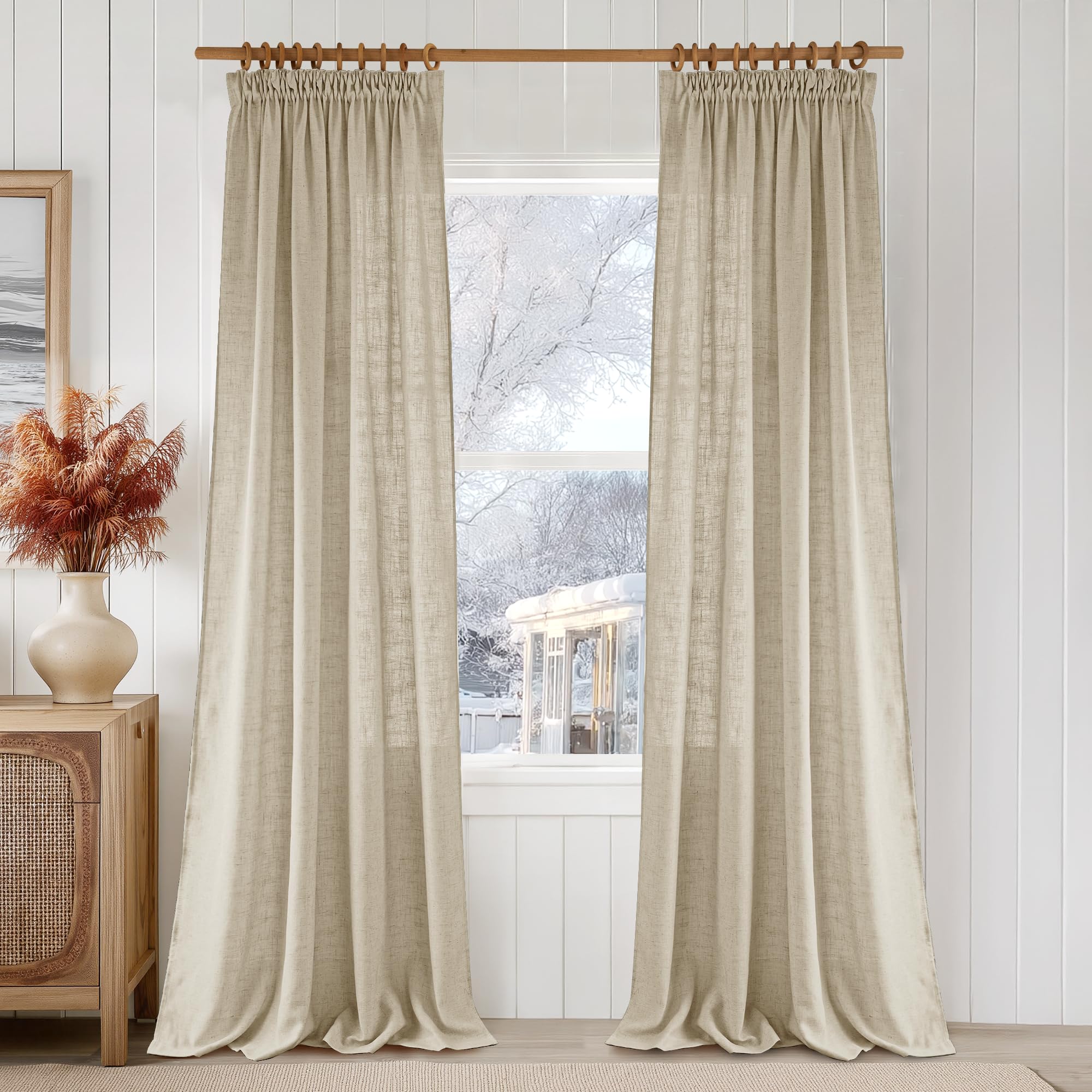 PONY DANCE Leinenvorhang Halbtransparent Boho Gardinen für Wohnzimmer | 2er Set, H245 x B140cm, Beige, 220g/m², Dicht, Schwer, Vintage, Leinenoptik, mit Kräuselband für Schiene, für Schlafzimmer