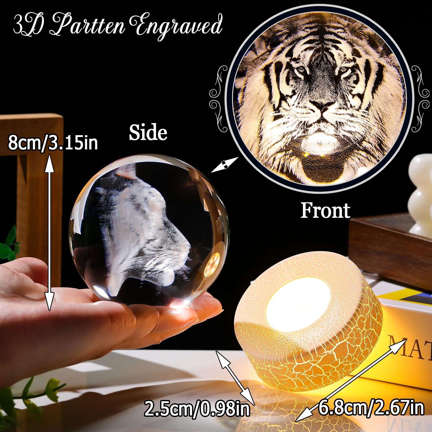 Arikyrist 3.15"/ 8cm K9 Crystal Ball Engraved 3D Tiger Collectible Sphere with LED Lamp Stand - Image 4