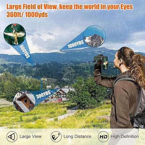 Miniatura 2 de EDUFUNBO - Telescopio monocular de 12 x 50 para teléfono inteligente, adaptador de trípode, correa de mano, ligero, de alta potencia, prisma BAK-4 y