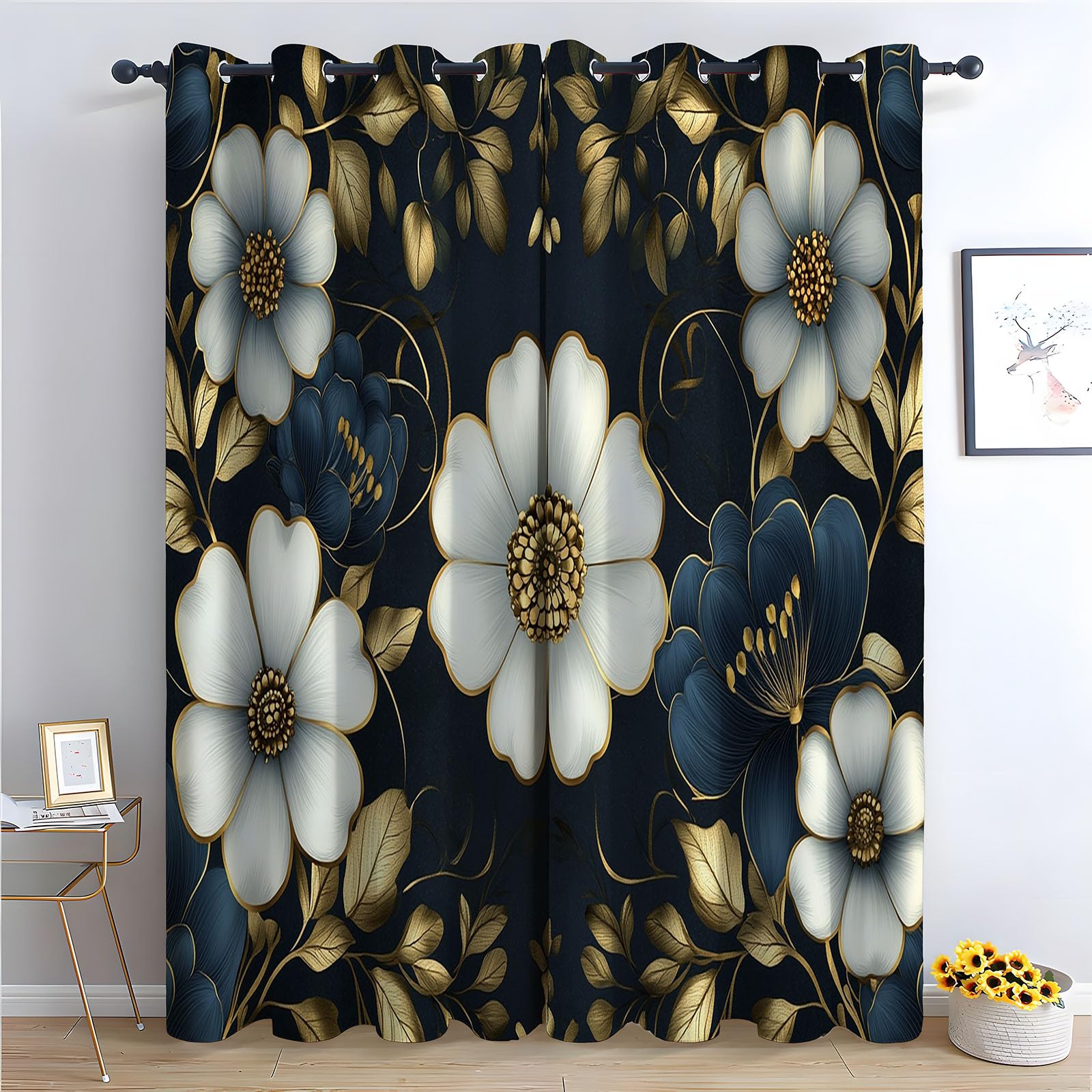 WQBQKKX Abstract Line Curtains For Bedroom Gold Eyelet Curtain for Living Room Nursary Thermal Insulated Window-52 W x 96" L (Pack of 2)