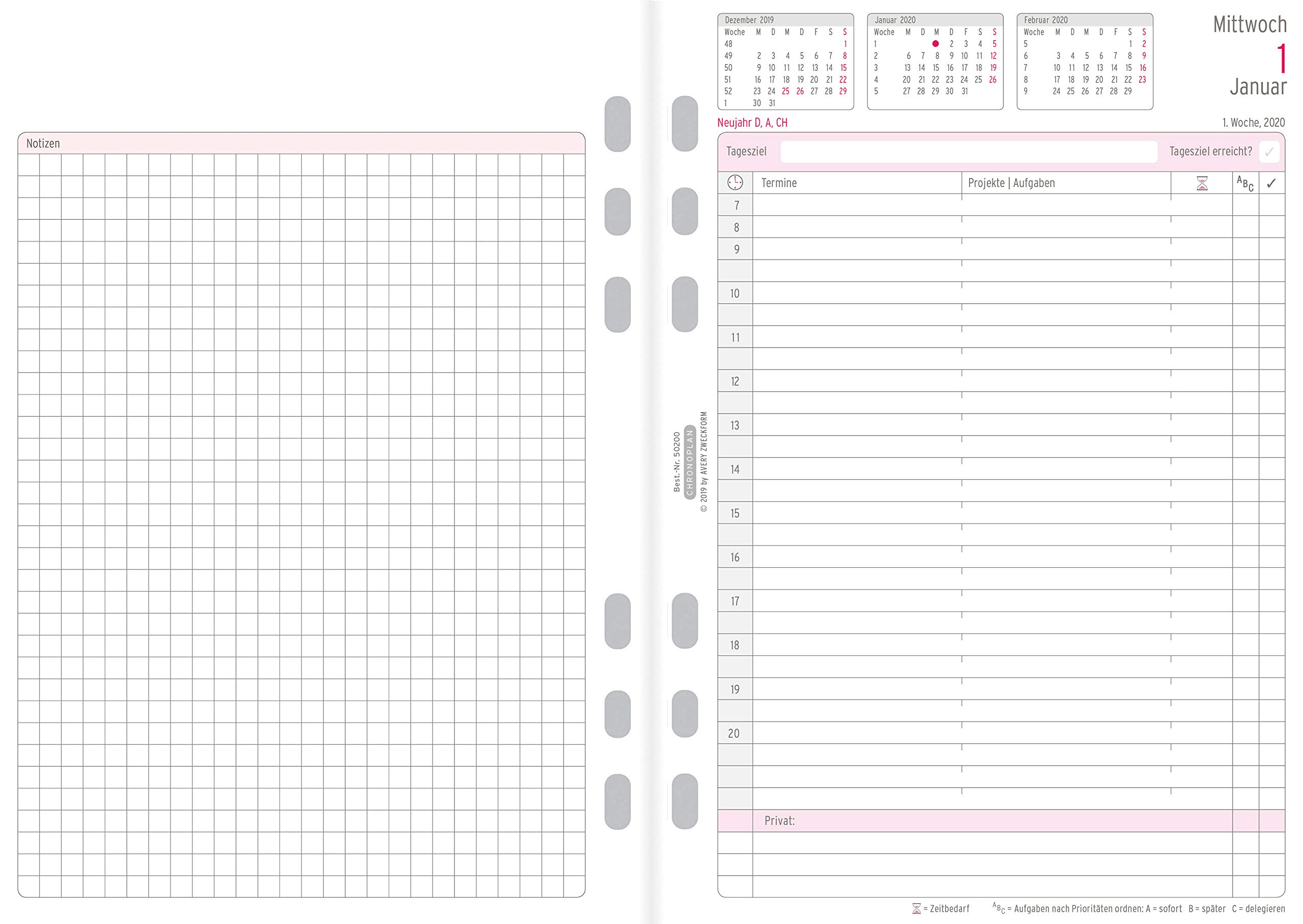 Chronoplan 50200 - Inserto per calendario 2020 (set annuale A5 con piani giornalieri (148 x 210 mm), calendario di ricambio, ideale per pianificazione giornaliera professionale, multilfori (1 giorno