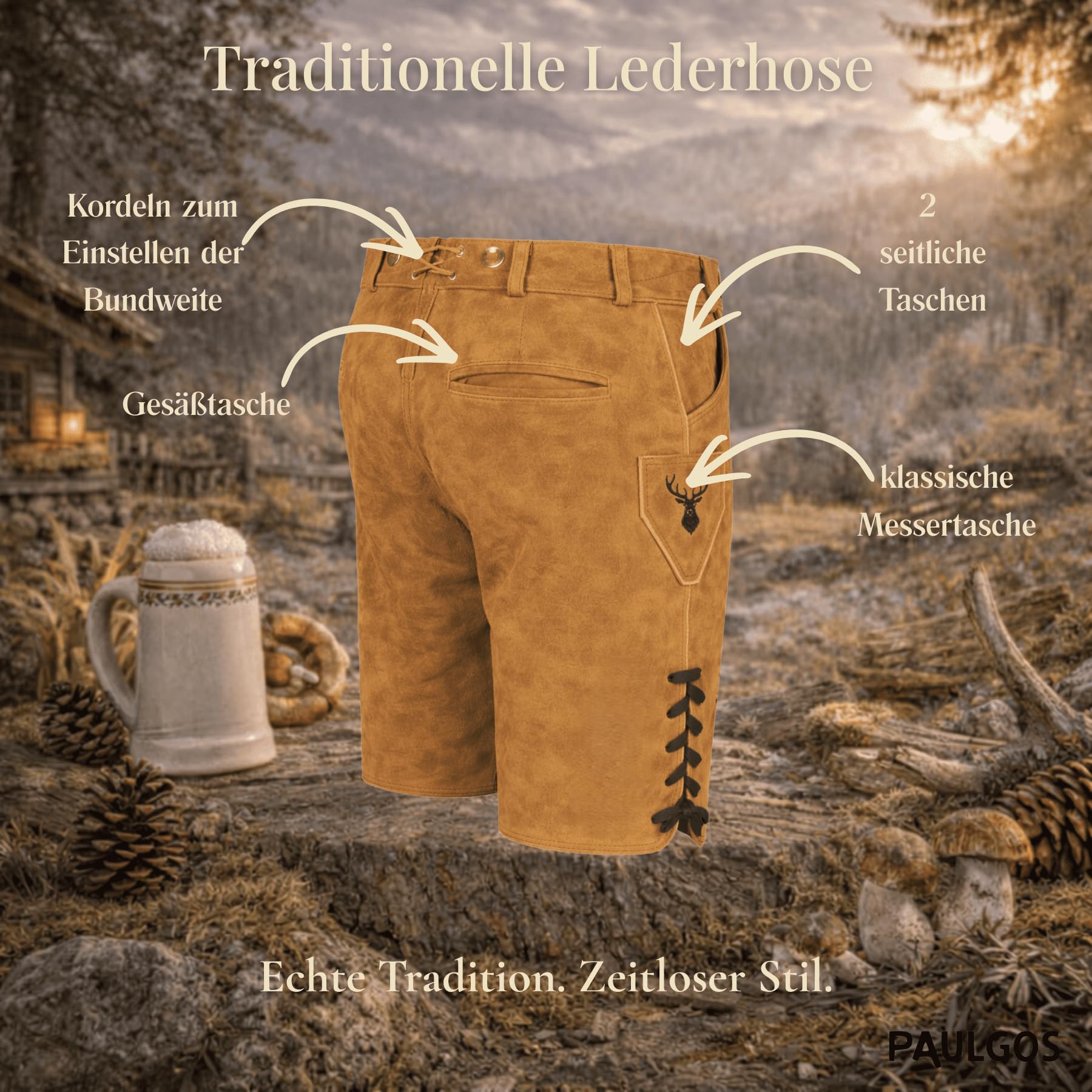 Herren Trachten Lederhose HK5 + Träger, Echtes Leder, Gr. 44-60