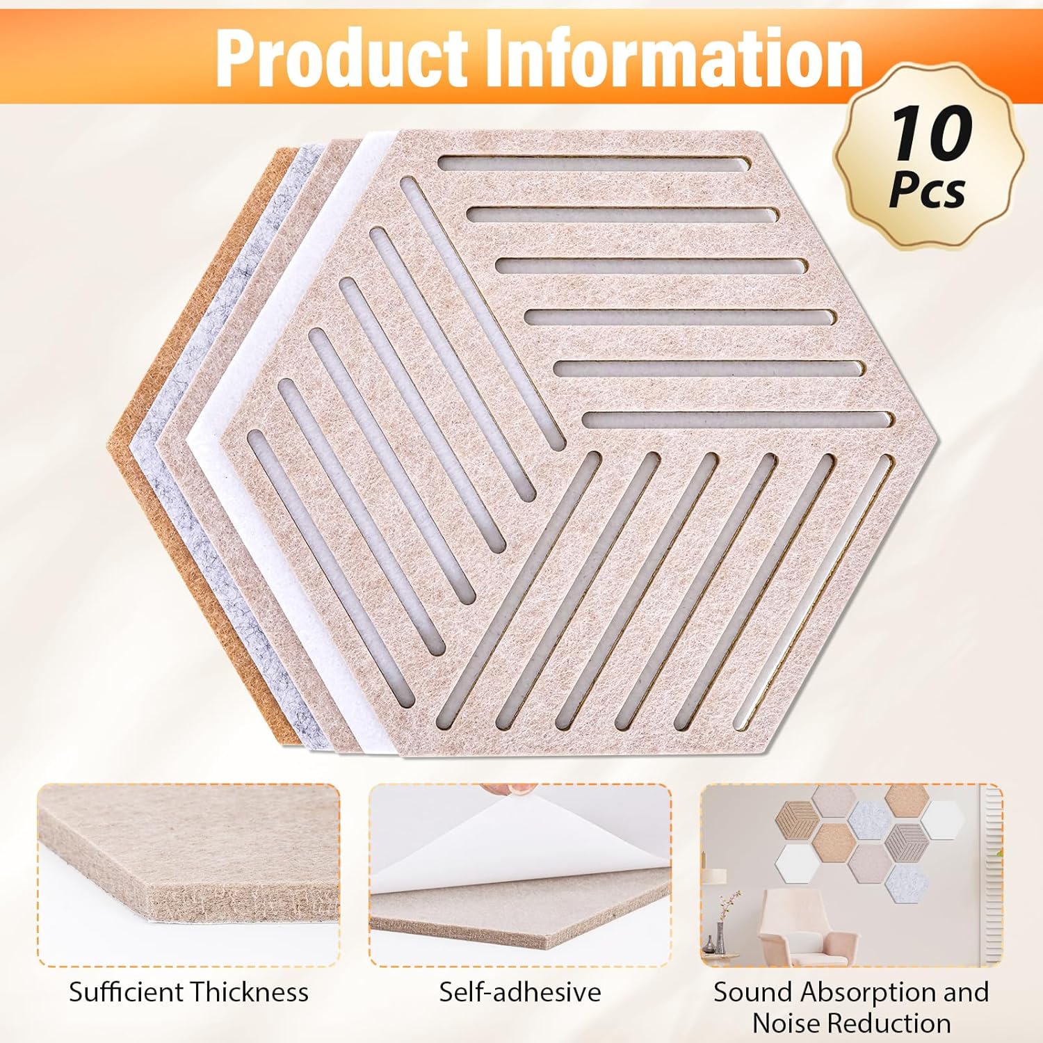 Hexagon Cork Board Tiles 10 Pack 12'' x 10'' Felt Cork Bulletin Boards Tiles for Walls, Hexagon Small Cork Boards with 50 Wooden Push Pins, for Office Home Photos DIY Classroom Decor