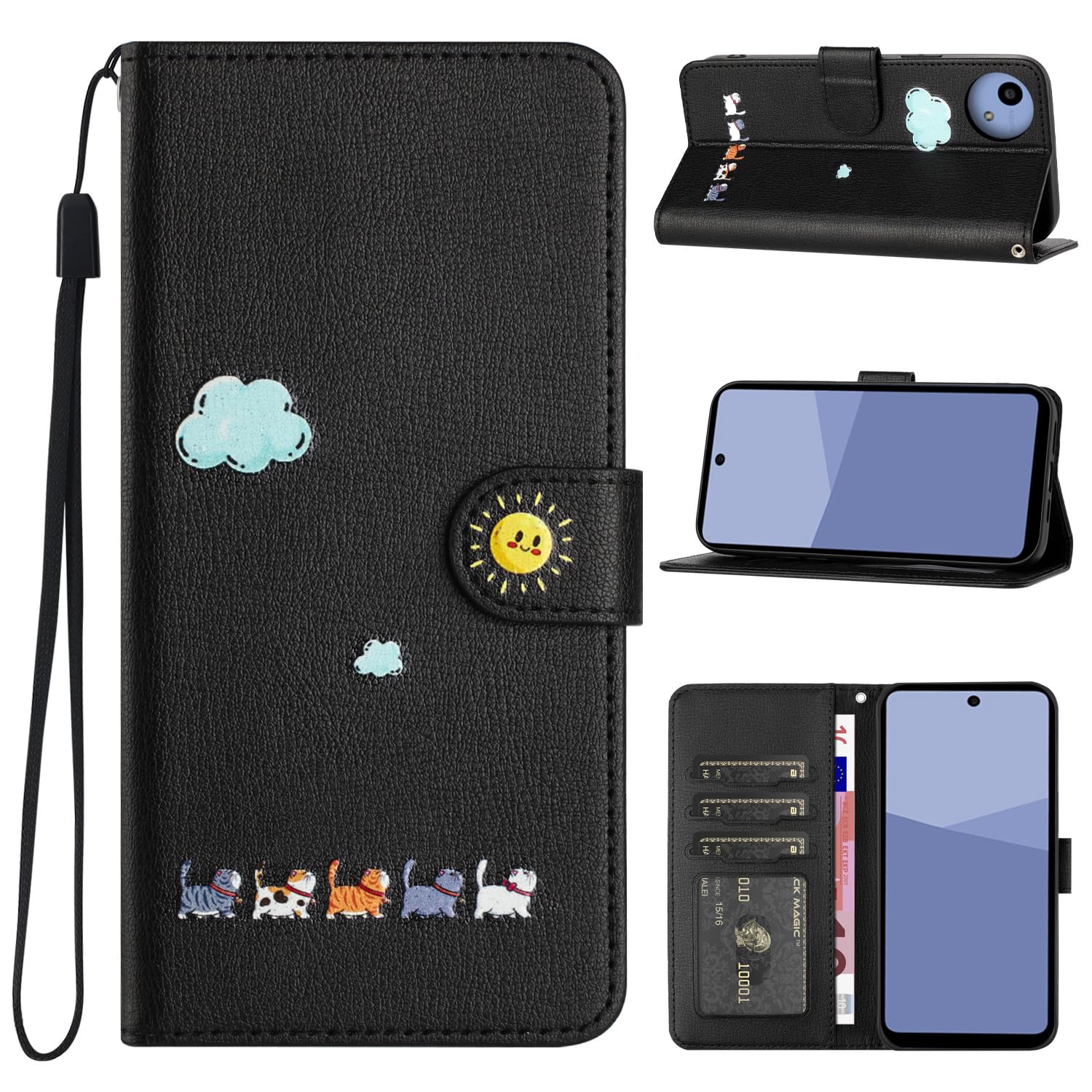CASAFUNY aquos wish5 ケース 手帳型 おしゃれ カバー アクオスwish5ケース 手帳型人気 SH-52f ケース 耐衝撃 PUレザー 携帯カバー お洒落 スマホケース aquoswish5 可愛い猫柄ケース マグネット式 カード収納 スタンド機能 軽量 携帯カバー(6.6インチ)ブラック