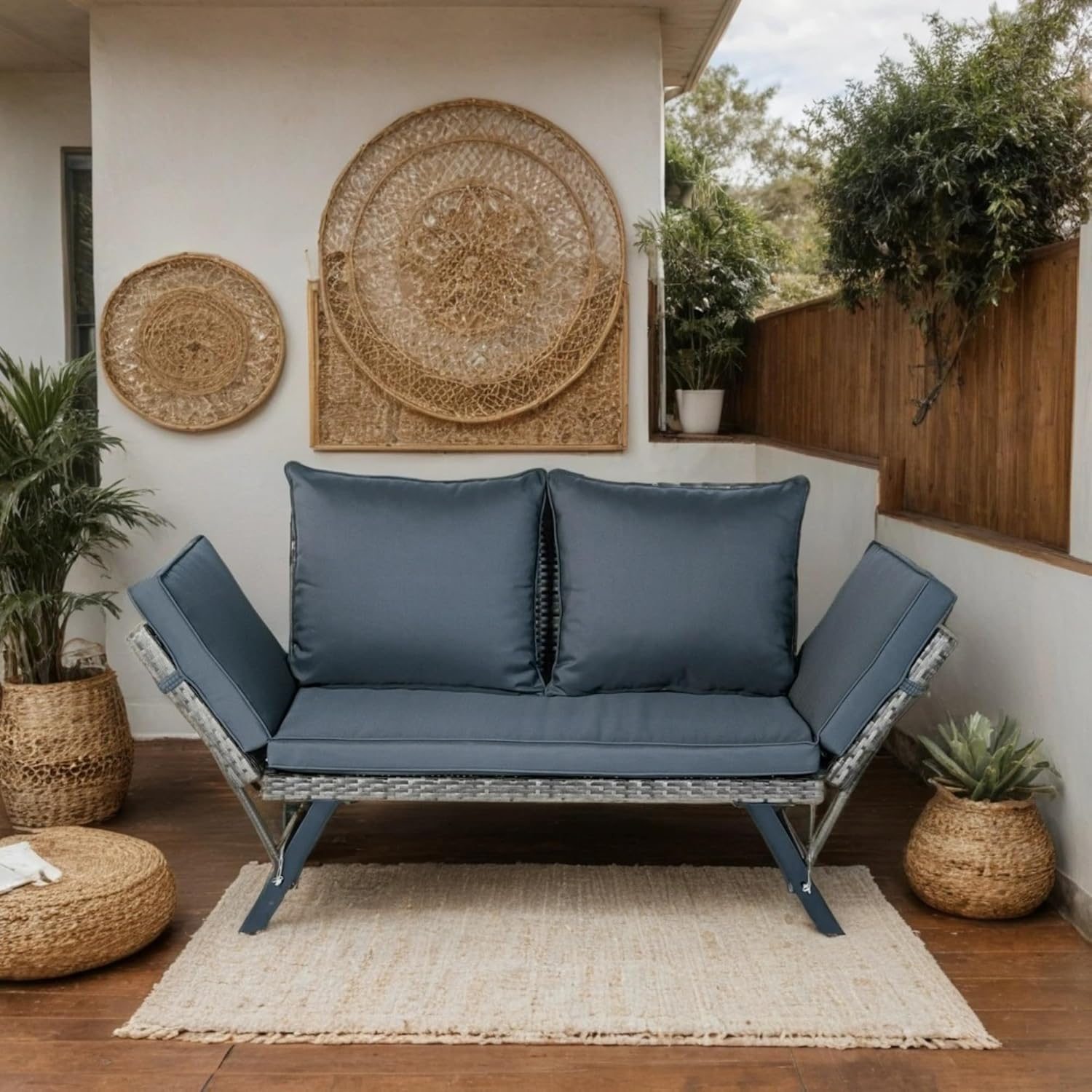 Anwick Outdoor Convertible Sofa, Woven Rattan Patio Loveseat with Adjustable Armrests, Outdoor Patio loveseat or Double Chair with Soft Cushions and Pillows for Patio, Poolside, Yard, Porch