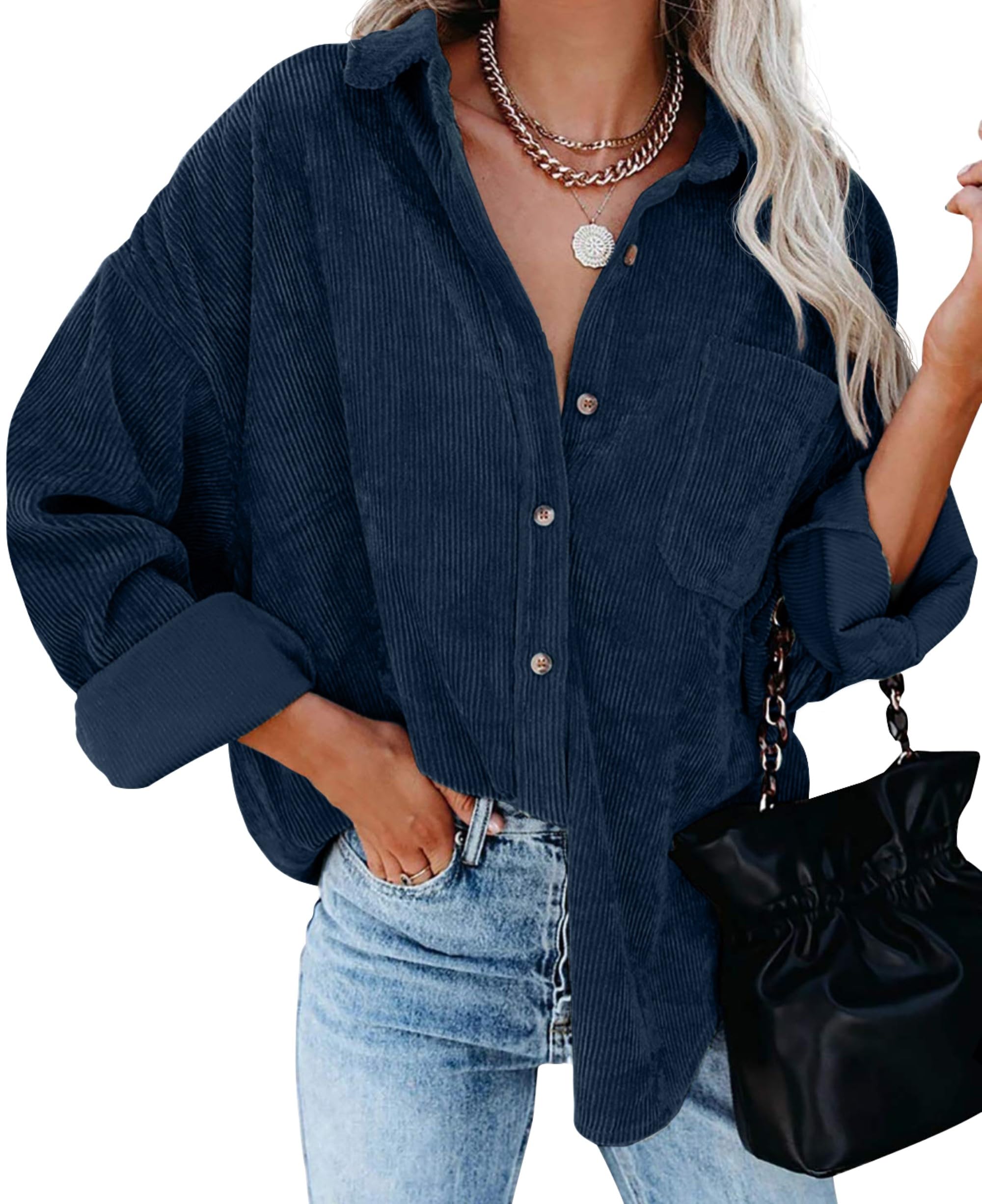 QIXING Veste chemise pour femme automne hiver oversize boutonnée duvet Corduroy veste fine en velours côtelé femme chemise col en V manches longues chemisier avec poche veste décontractée en