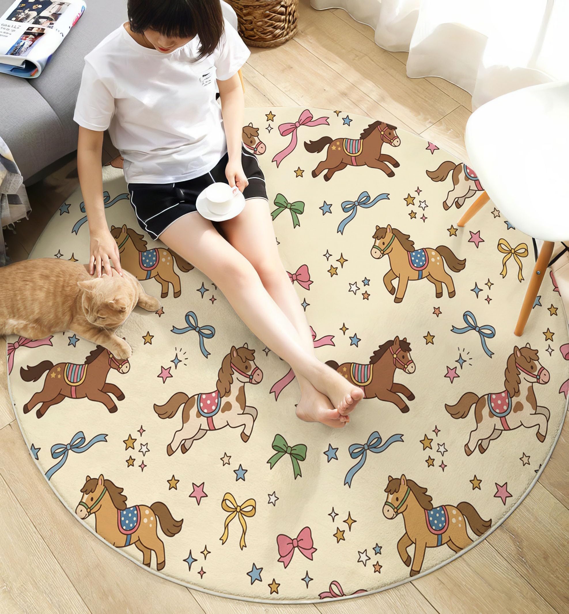 Tapis Rond Dessins Animés Mignons Animaux Beige Salon 100 Cm | Tapis Antidérapant Arc Cheval Ciel Étoilé Pour Chambre Enfant Salle Jeux Décoration, Moquette De Sol Poil Bas Lavable