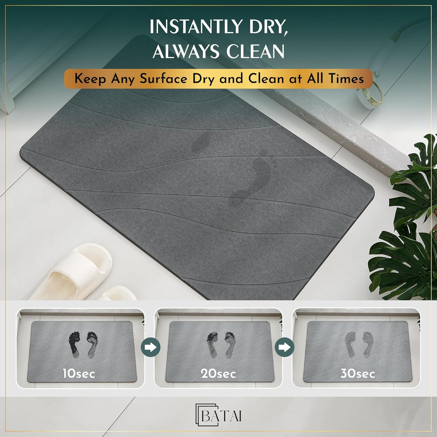 Extra Large Stone Bath Mat - (31.5” x 19.7”) - Absorbent Diatomaceous Earth Stone Bath Mat Large - Non-Slip Diatomite Bathmat - Easy Clean and Quick Drying - Long Instant Dry Bathmat - Dark Gray XL - Image 3