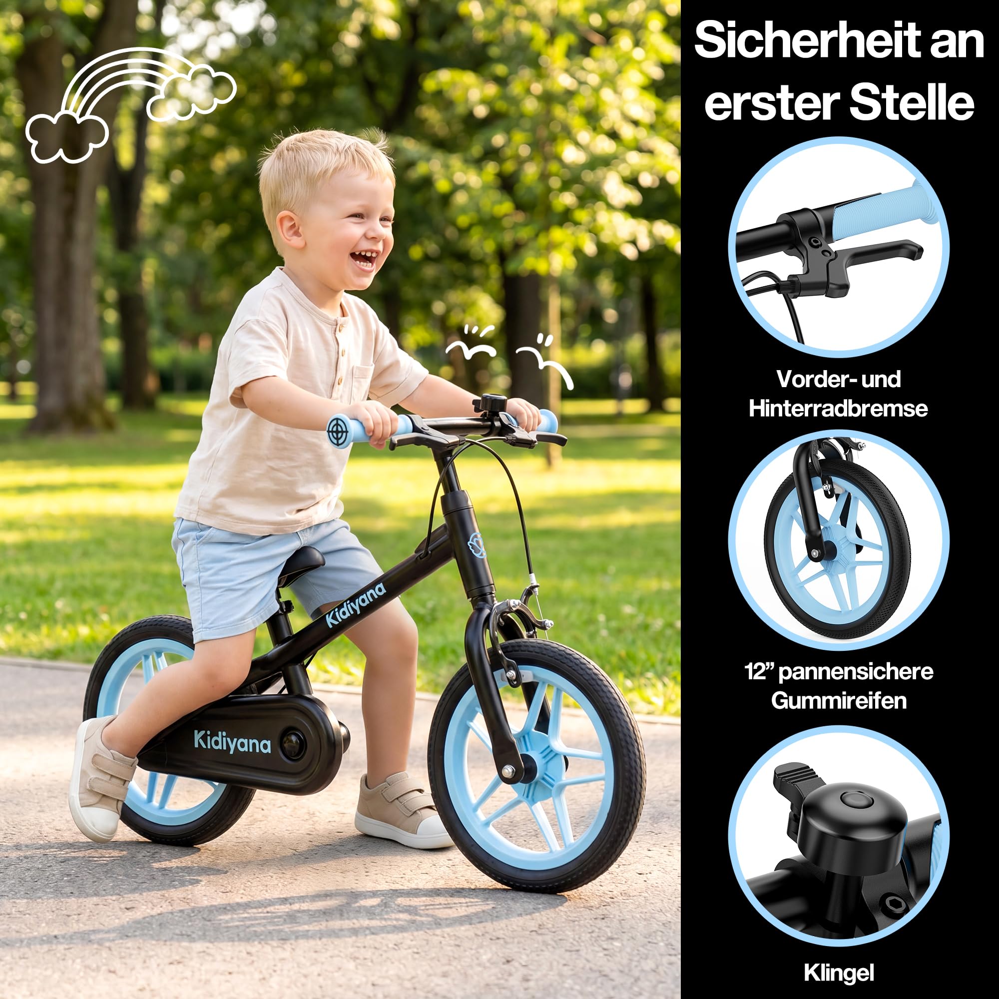 3-in-1 Kinderfahrrad ab 2 Jahren mit abnehmbaren Pedalen & Stützrädern – Laufrad 12 Zoll mit Handbremse, Klingel, höhenverstellbarem Sattel & Lenker, Balance Bike mit Aluminiumrahmen