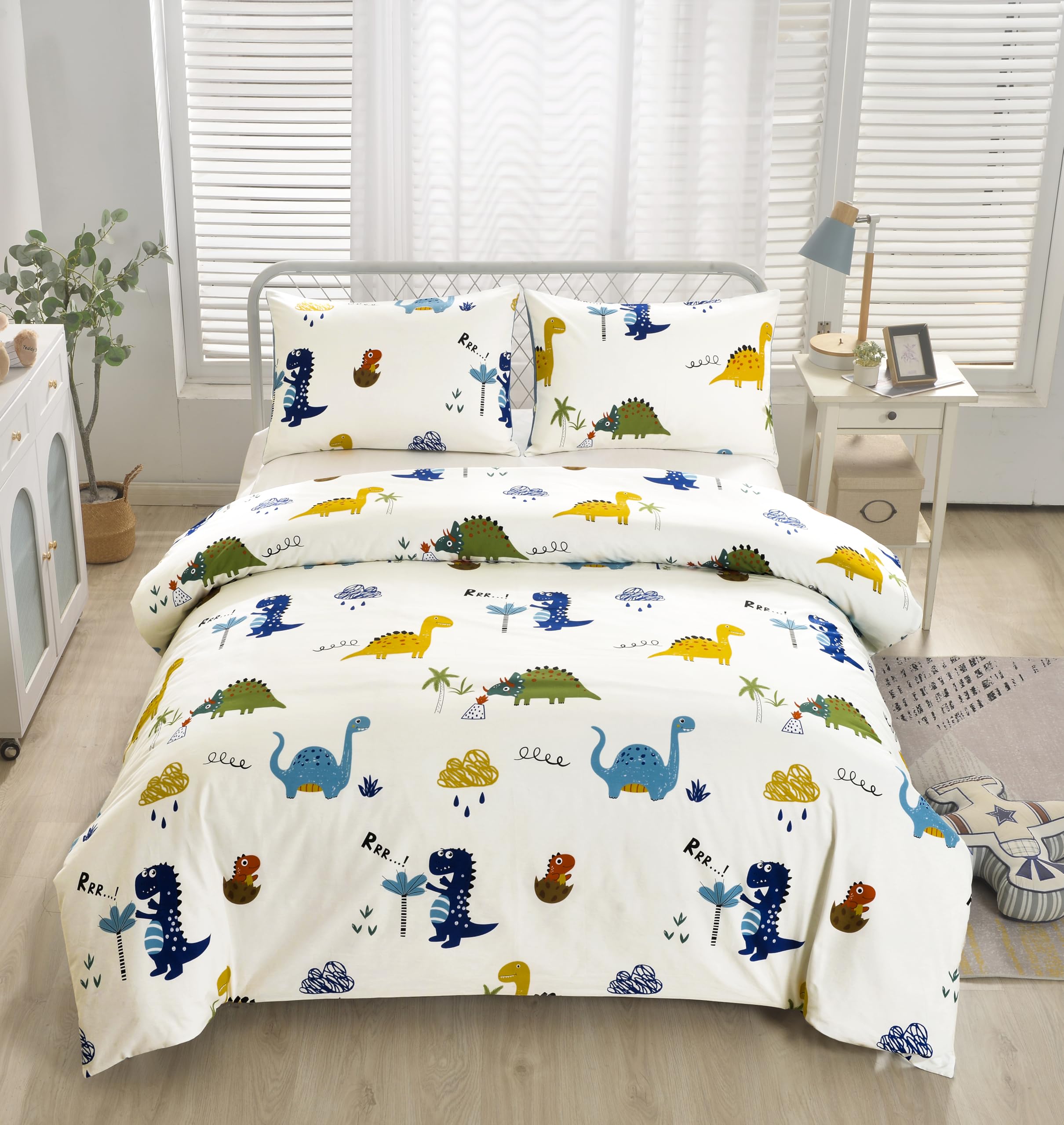 Lunoroey Kids Dinosaur Duvet Cover Set King Size 100% Cotton Bedding Kids Boys Girls Dinosaur Bedding Soft Cotton All Season Quilt Cover Comforter Cover Set