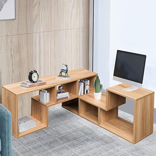 Miniatura 8 de Recaceik Estantería de 2 estantes en forma de L, soporte para consola de TV, centro de entretenimiento moderno con estantes de almacenamiento