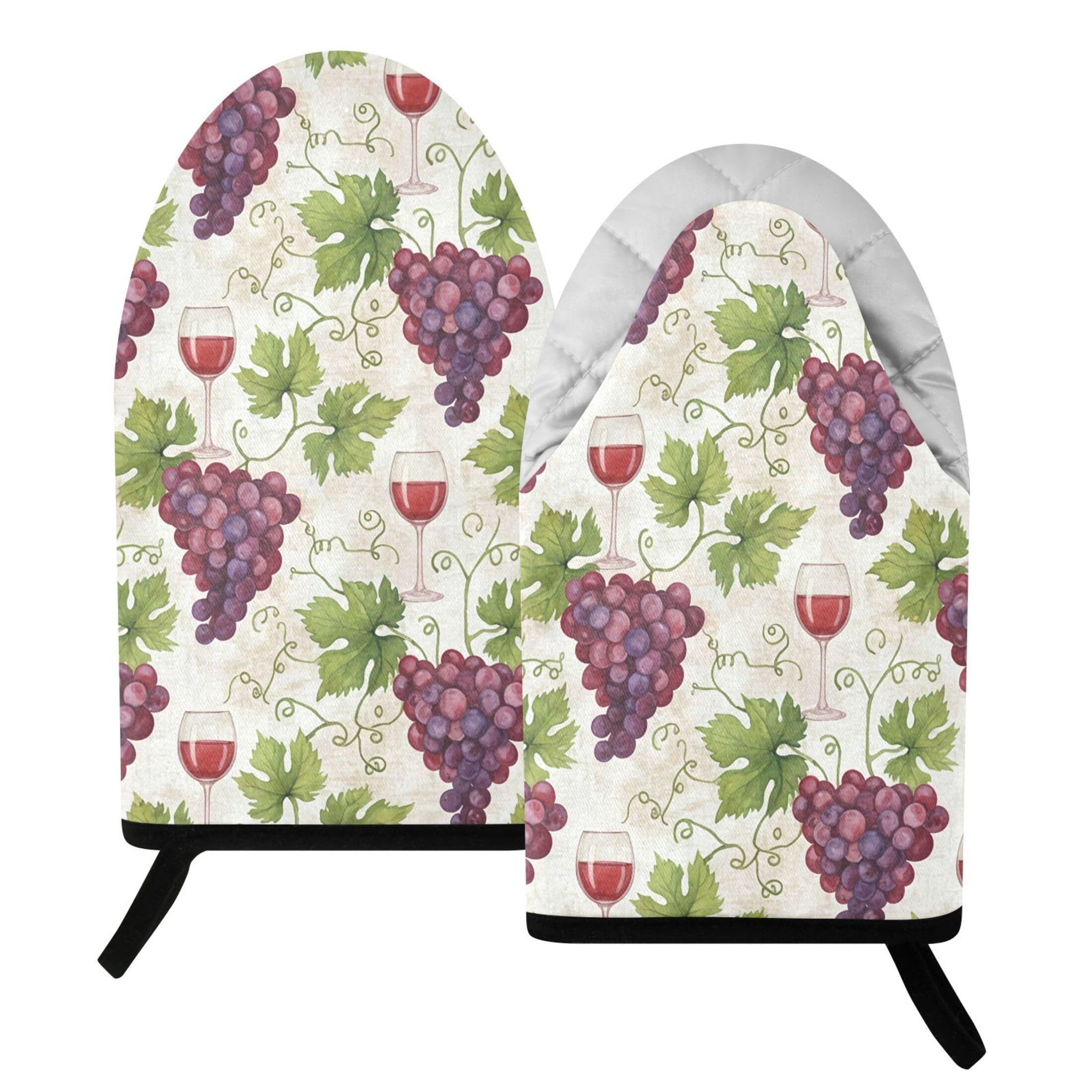 Kutsu Grape Wine Oven Mitts for Kitchen, Heat Resistant Cotton Oven Gloves for BBQ Baking Cooking, Breathable Kitchen Essentials, 2 pcs