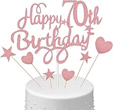 Boao 70th Cake Topper Set, Happy 70th Birthday Cake Topper with Heart Star Cupcake Picks Glitter Decoration for Birthday Party Supplies, Rose Gold
