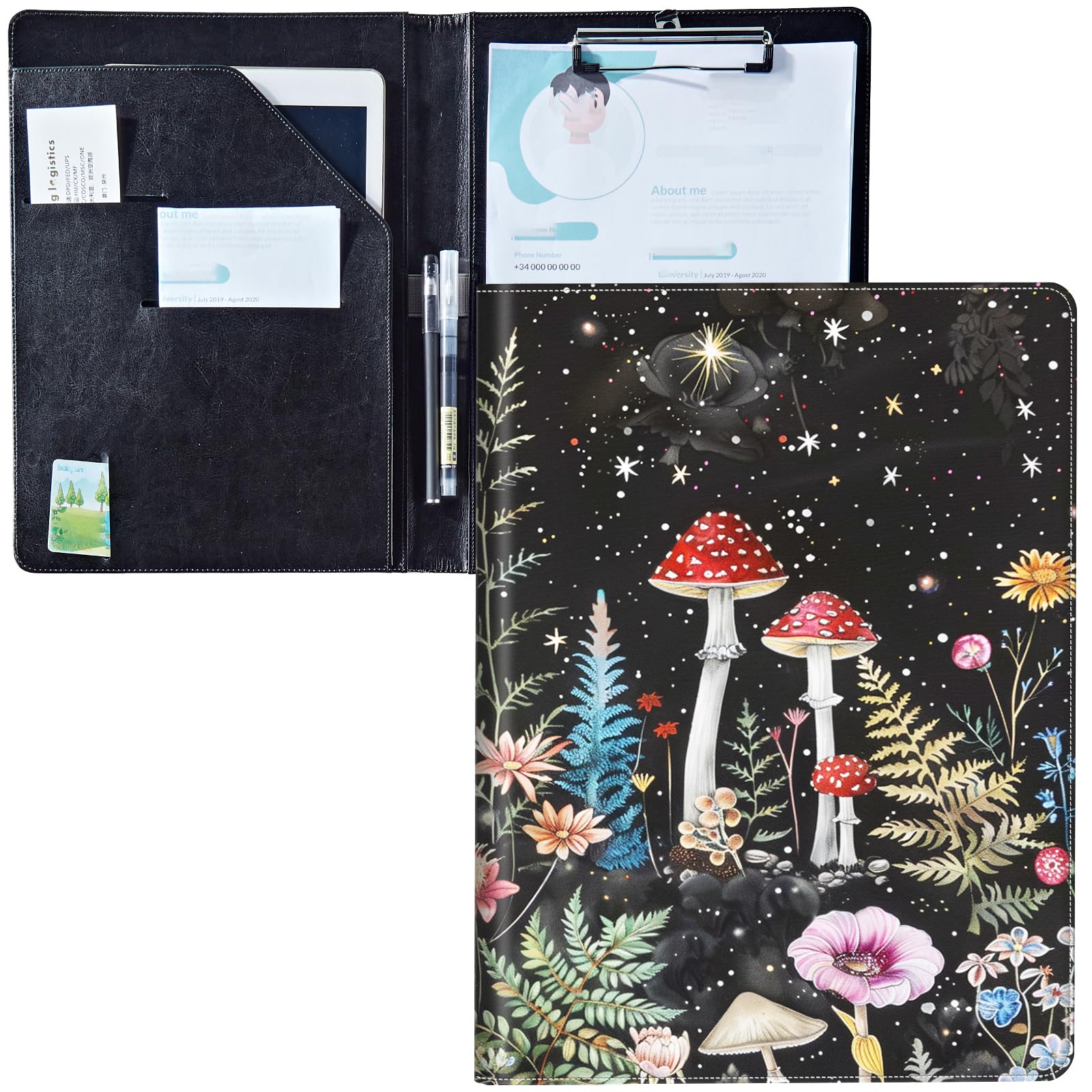 Padfolio Clipboard Folder Portfolio Notepad Organizer,Leather Interview Resume Folder,Conference Document Organizer with Business Card Holder,A4 Size Notebook Clipboard,Mushroom Starry Sky -1570
