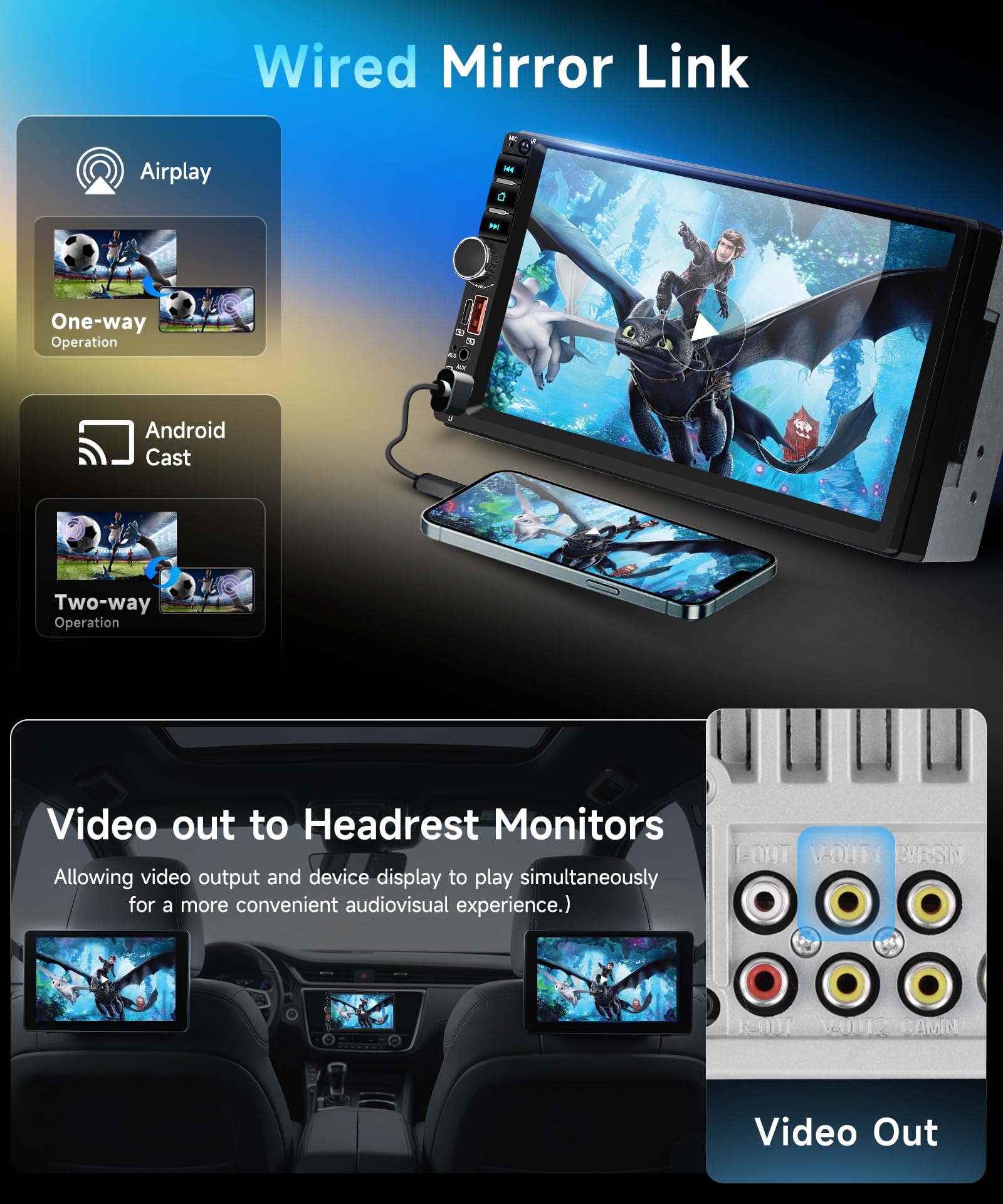 VECHTEL Radio samochodowe 7-calowe 2 DIN z bezprzewodowym CarPlay, Android Auto, radio FM z Bluetooth, nawigacja GPS, 2 porty USB/Typ-C/SD, wideo online, ekran dotykowy IPS radio samochodowe z kamerą