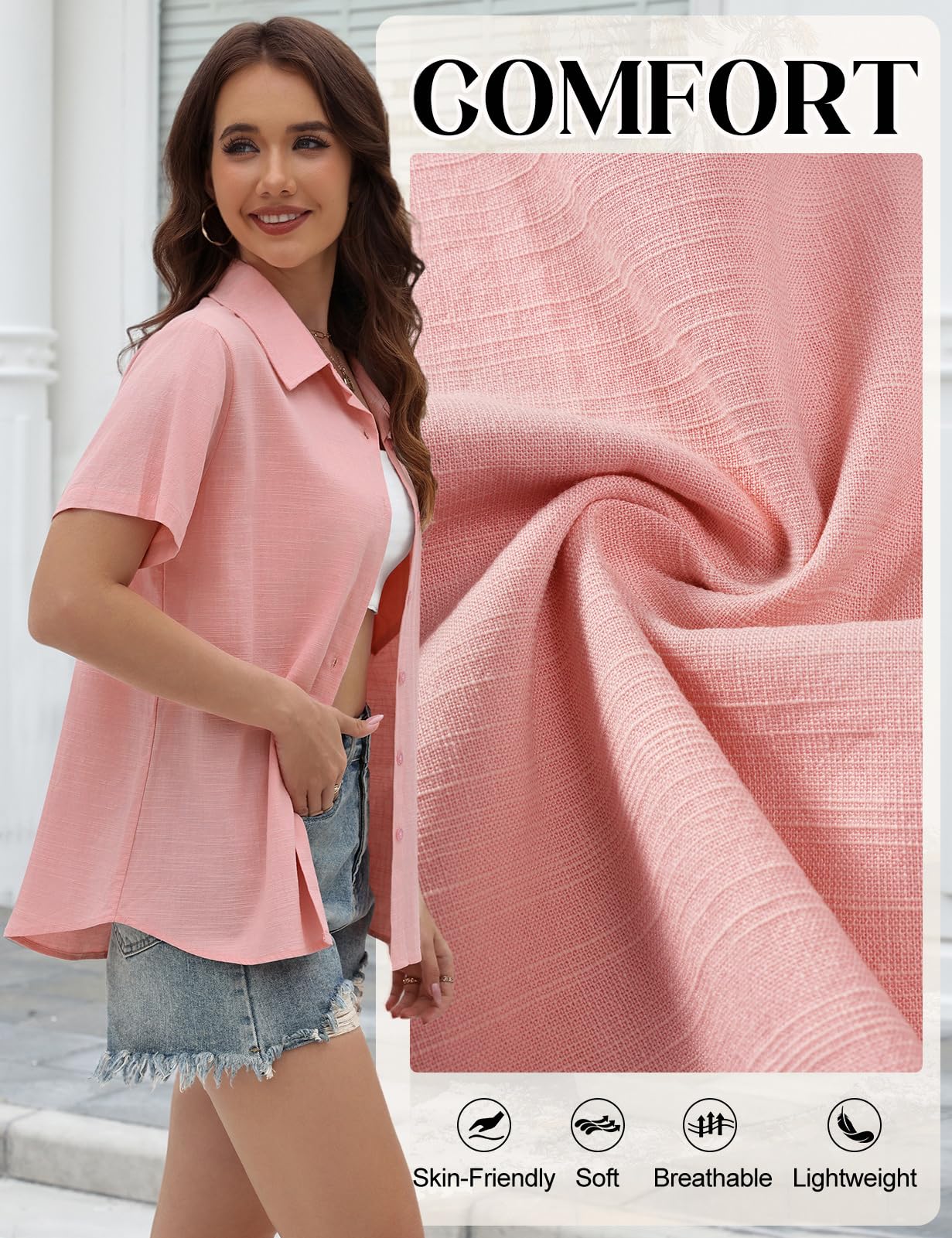 Camicia Donna Estiva Blusa Elegante Manica Corta Cotone Lino Camicetta da Donna Maglia Estive Maglietta Casual Scollo a V con Bottoni T Shirt Tinta Unita Classico Tops