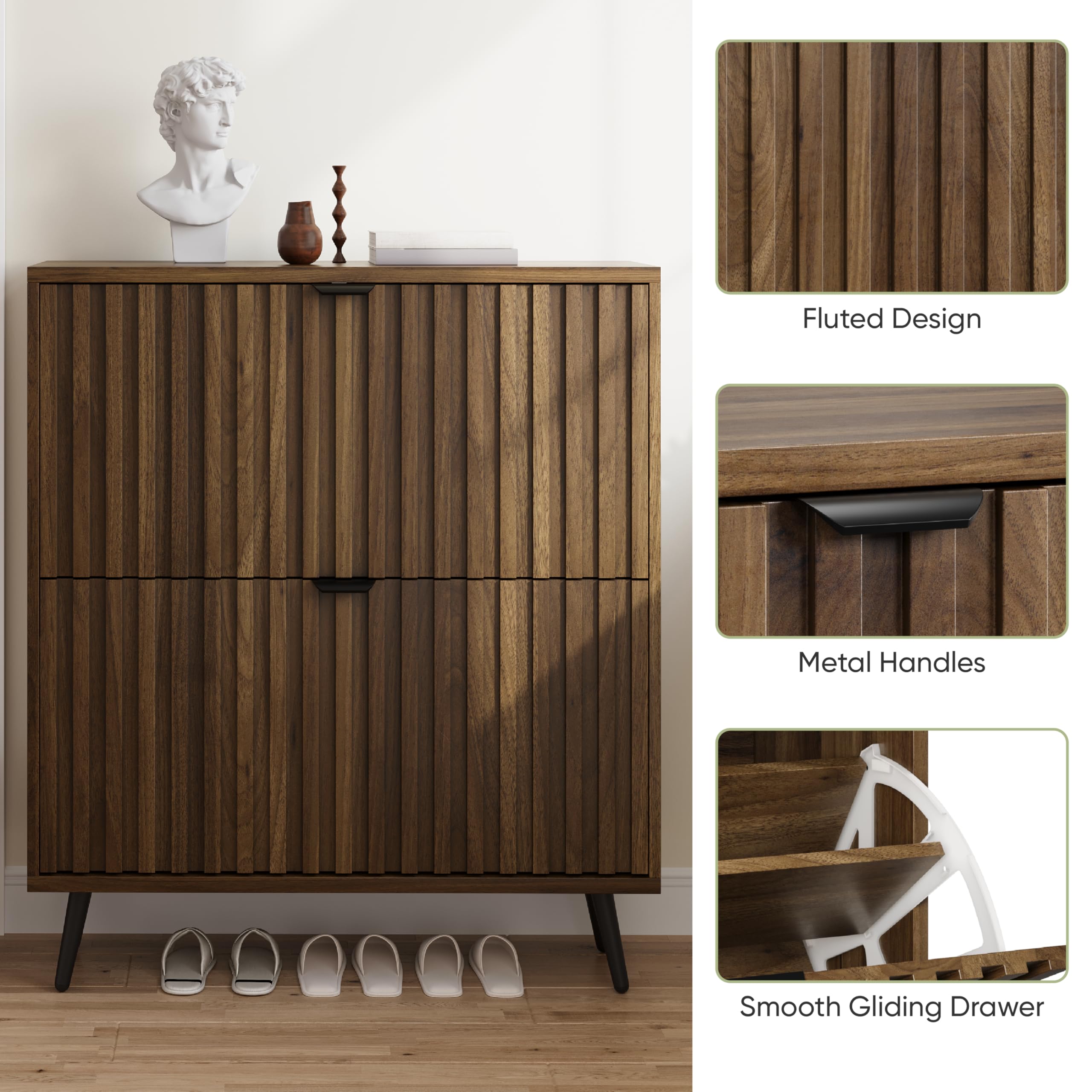 Smuxee Schuhschrank mit 2 Klappschubladen, 80 cm, Walnussholz, versteckter Schuhschrank mit geriffeltem Design, freistehender Schuh-Organizer für Eingangsbereich, Flur, Schrank, Wohnzimmer
