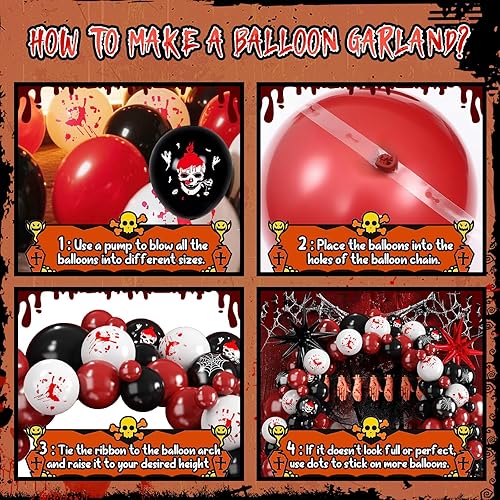 Miniatura 8 de Winrayk Kit de arco de guirnalda de globos de Halloween, rojo, negro, blanco, mano sangrienta, enorme, globo, telaraña, tela espeluznante, manos