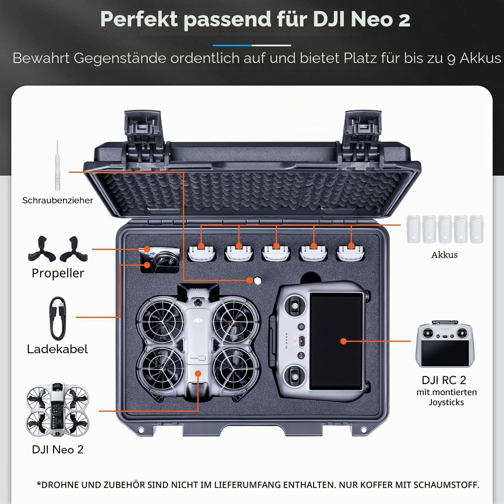 Lykus Titan N220 Wasserdichter Hartschalenkoffer für DJI Neo 2, RC2/RC-N3 | NUR KOFFER,Passend für Fly More Combo,RC Lanyard,Bis zu 9 Akkus,IP67 wasserdicht,Stoßfest,CNC-gefrästes Premium-Schaumstoff