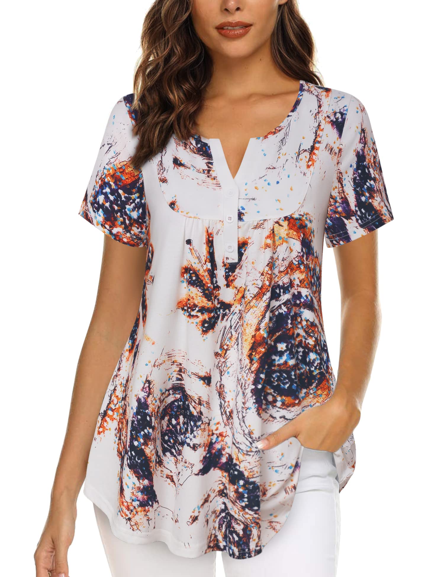 Bebonnie Women's Vintage Short Sleeve V Neck Pleated Tunic Shirt