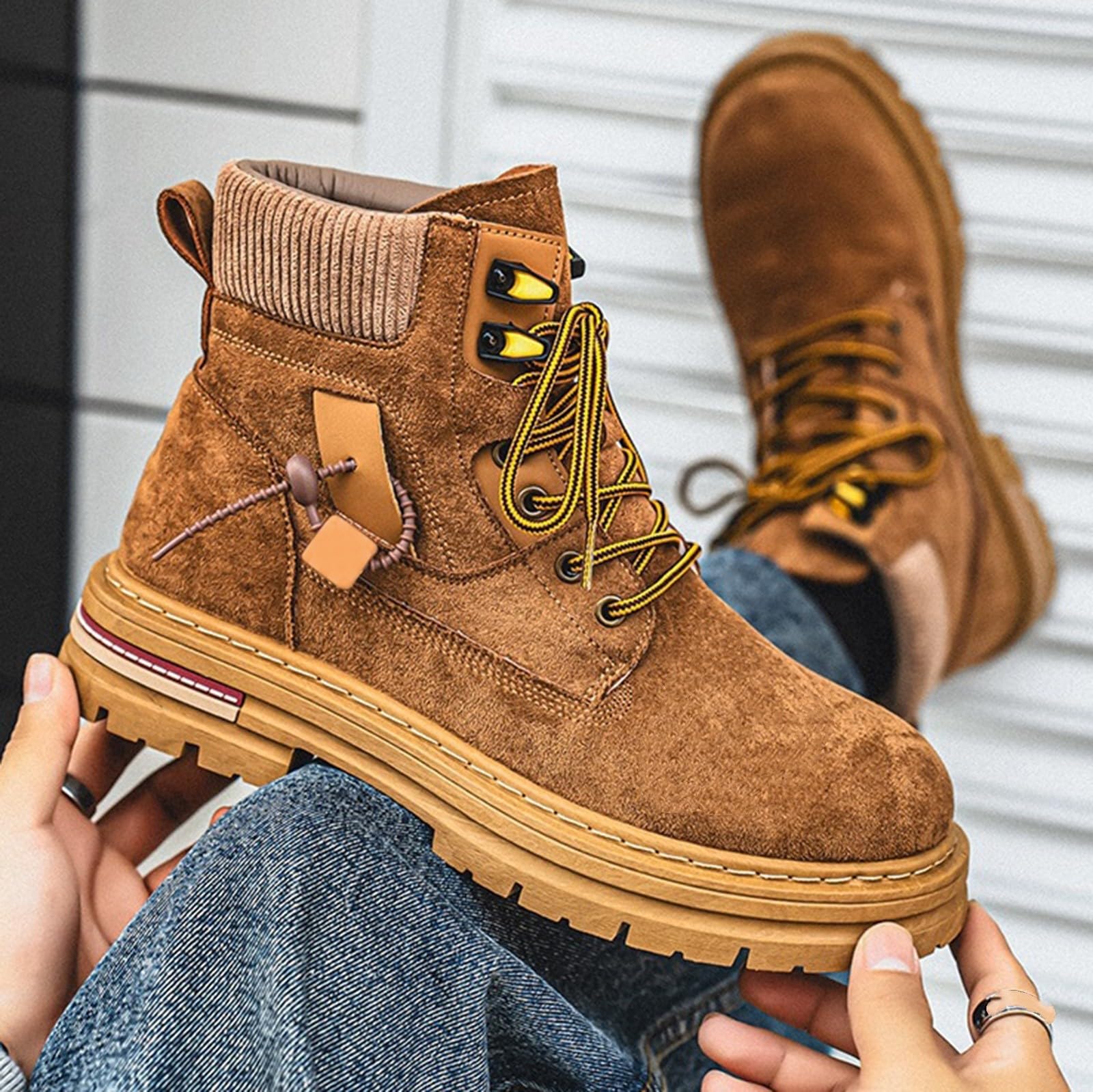 Męskie masywne zamszowe botki z dzianiny kołnierz na co dzień botki retro sznurowane modne trampki do streetwear spacerów, ŻÓŁTY, 39.5 EU