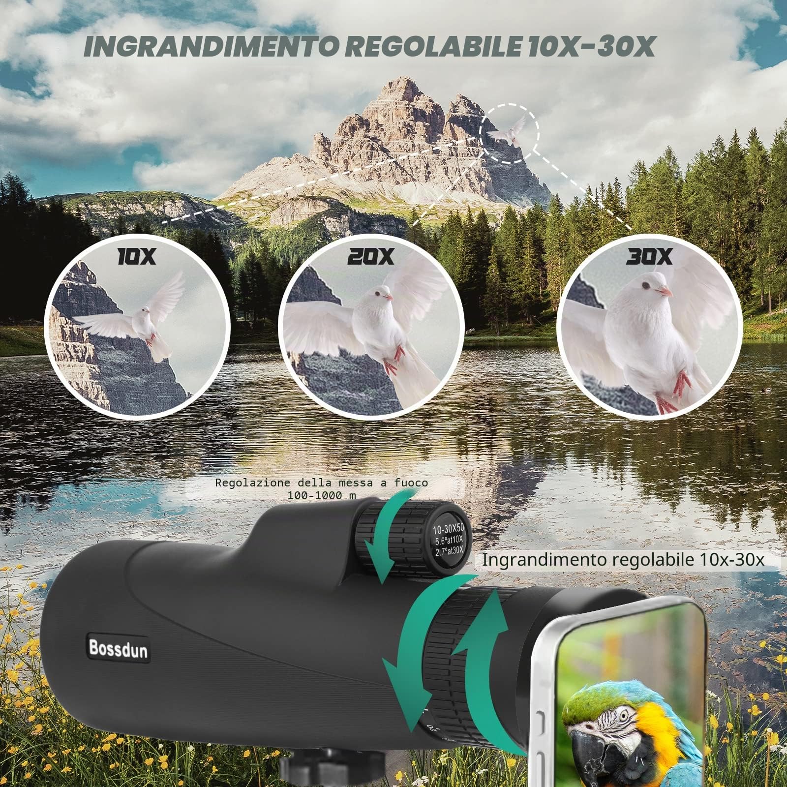 Telescopio Monoculare, 10-30X50 Zoom HD Monoculare, FMC BAK4 Prisma Telescopio Monoculare Ad Alta Potenza con Cinghia Portatile Adattatore Telefono per Bird Watching Caccia Campeggio