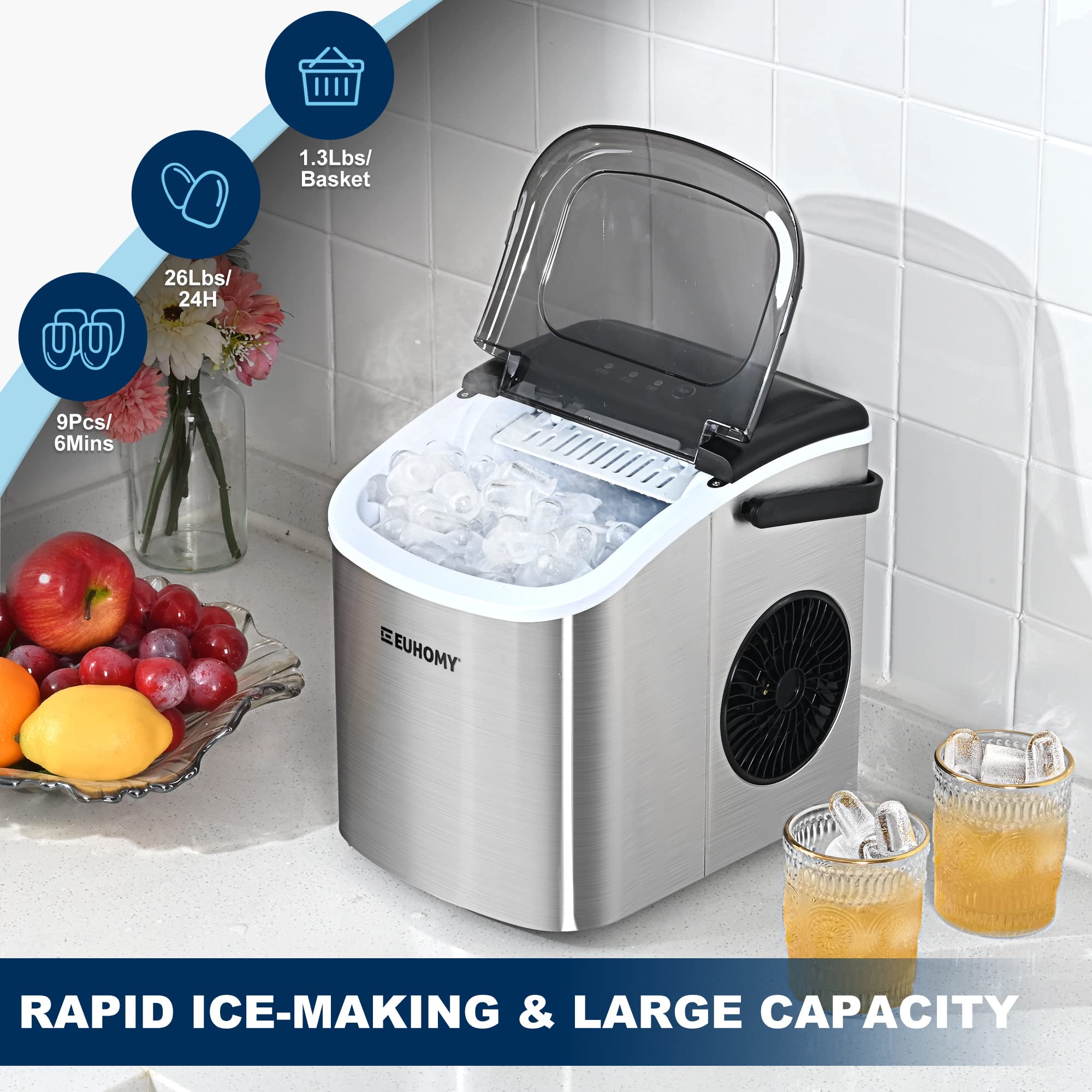 Euhomy Ice Maker Machine Countertop With Handle, 26lbs/24h, 9 Bullet Ice Cubes Ready In 6 Mins, Auto-Cleaning, Portable Ice Maker With Basket And Scoop, For Home/Kitchen/Camping/RV. (Silver) on Fridge.com - View 2