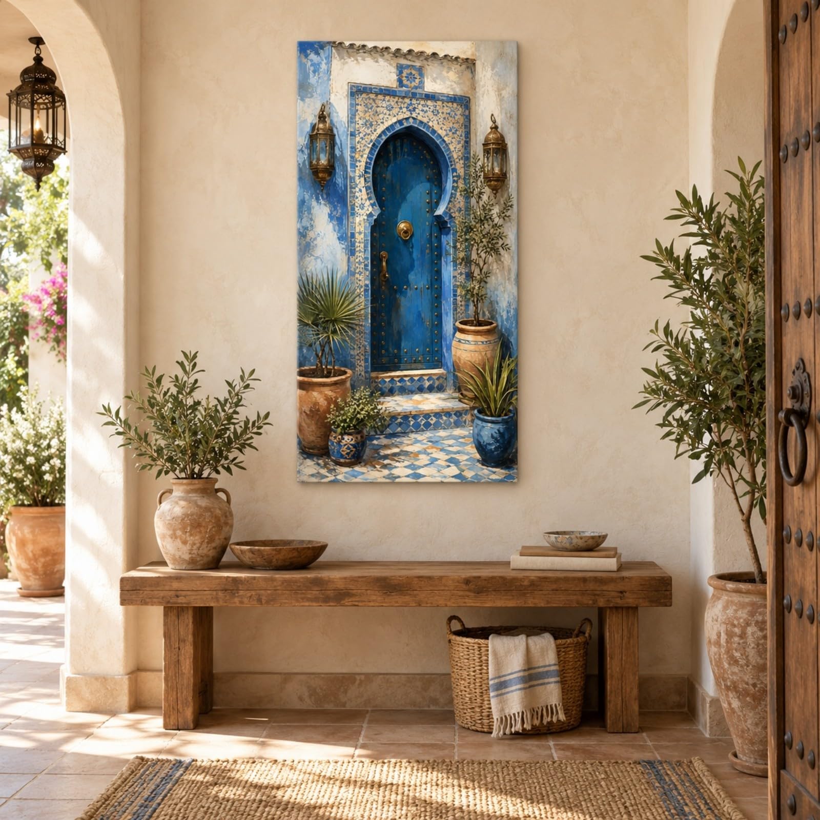 DHFGHFJ Cuadro en Lienzo Boho con Arco Azul Marroquí y Plantas Vertical