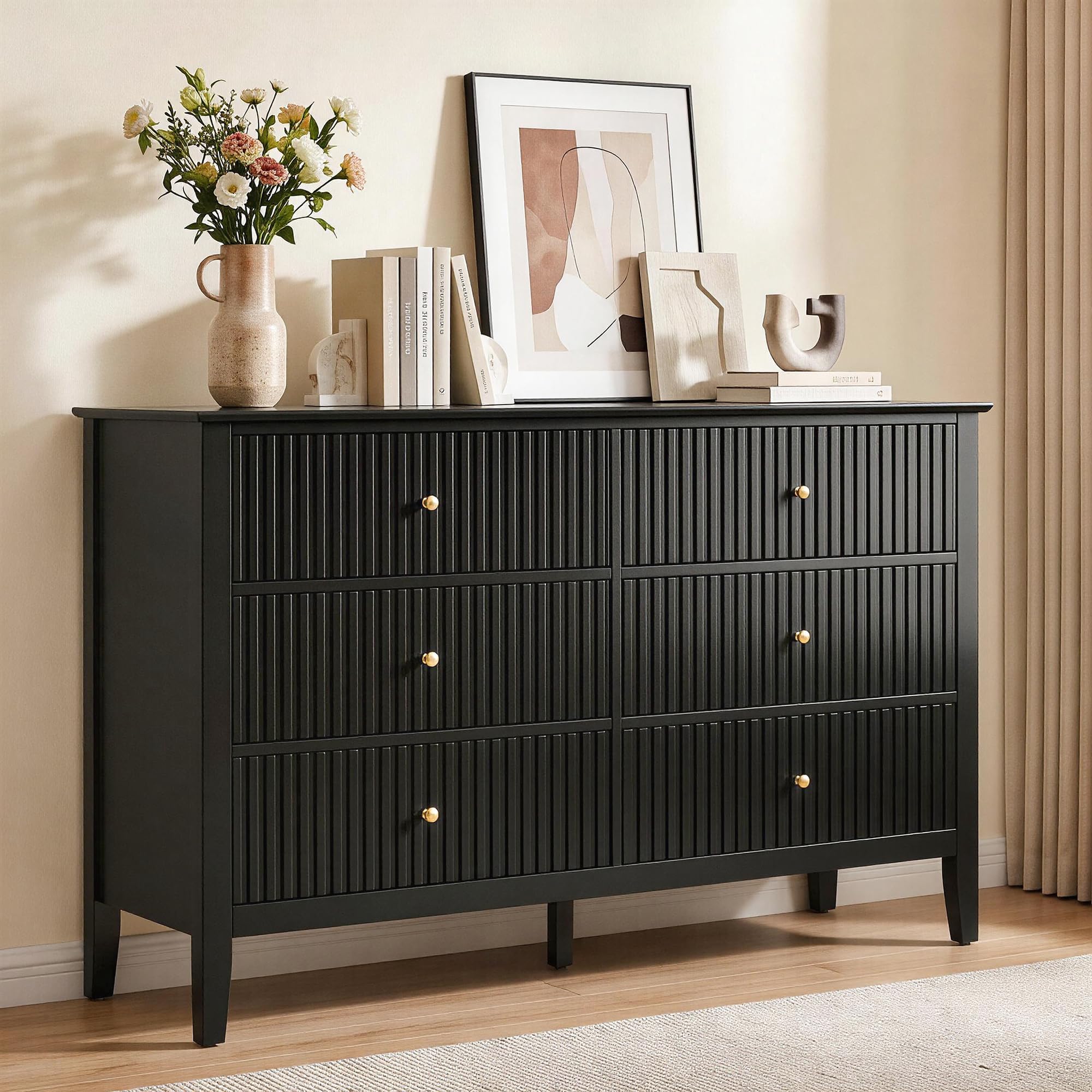 SUNVIVI Fluted 6-Drawer Chest of Drawers, Wide Wooden Storage Cabinet and Organiser for Bedroom, Living Room, Hallway or Entryway (Black, 6 Drawers Dresser)