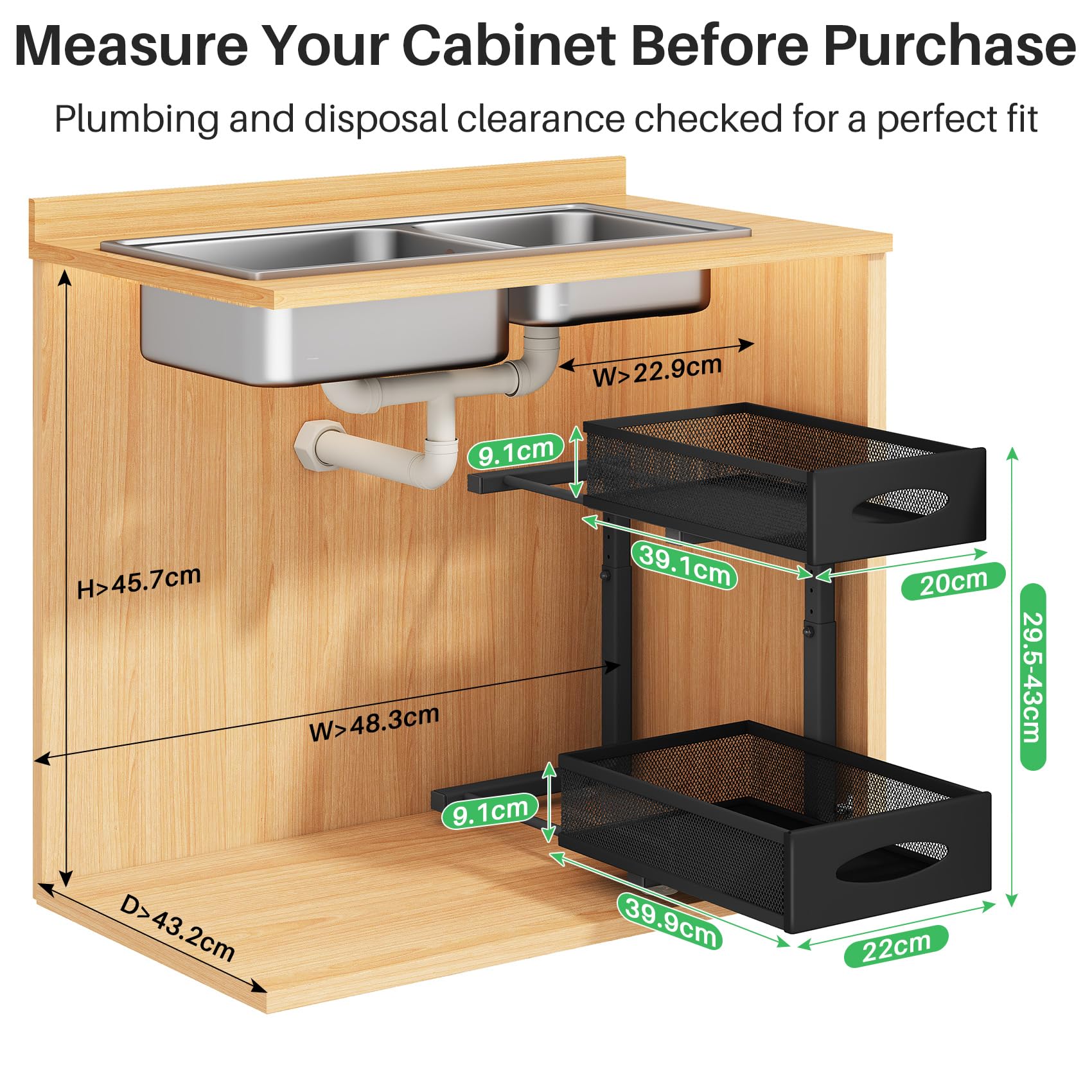 Kitstorack Organizador Bajo Fregadero de Metal - Estante con 2 Niveles y Cajones de Malla Deslizantes - Altura Ajustable Organizador Cocina para Cocina, Baño y Armario (Negro, 1 Unidad)