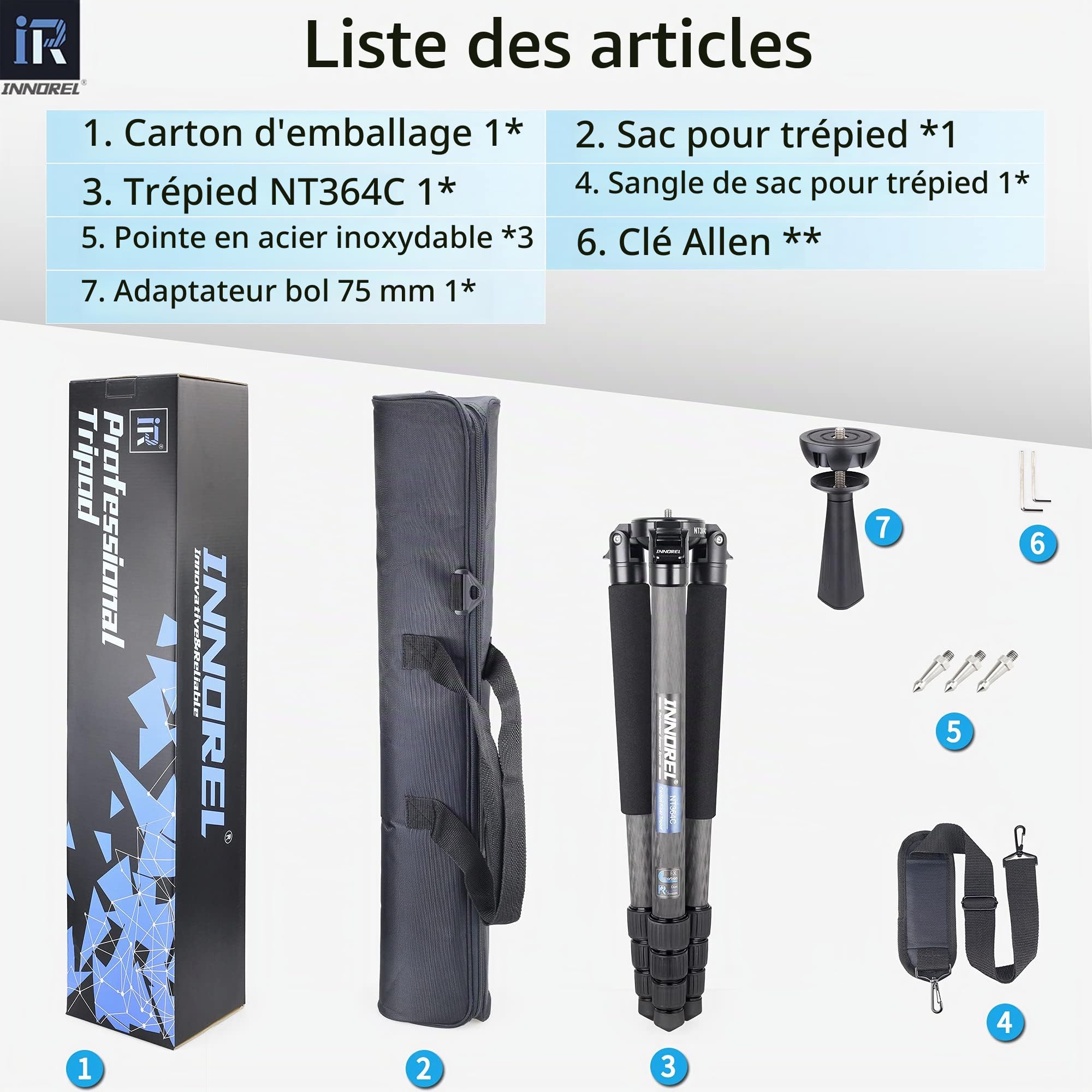 INNOREL NT364C Bol Trépied Fibre de Carbone 160cm/63pouces,Verrouillage Tournant Trépied Professionnel pour Appareil Photo Robuste Ultra Stable Tube Max 36mm Charge Max 25kg avec Adaptateur 75mm/Sac