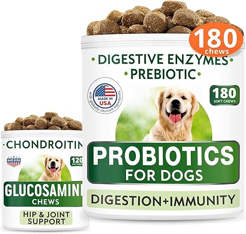 Paquete de probióticos masticables para perros + glucosamina - Gas, diarrea, alergia, estreñimiento, alivio del malestar estomacal + cuidado de