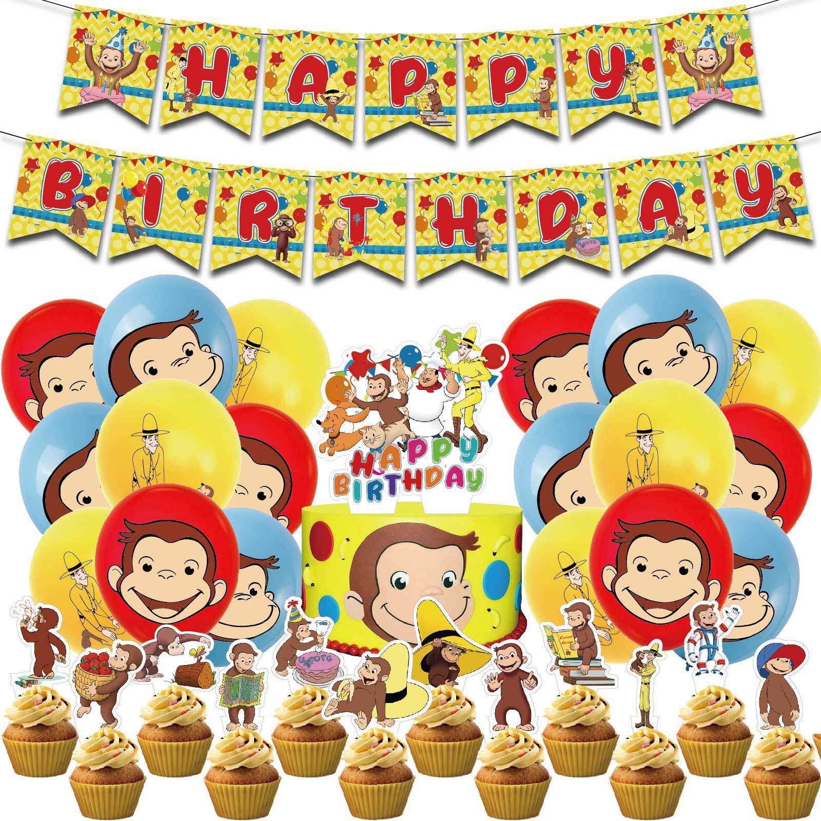 Photo 1 of Curious George Monkey Birthday Party Decorations Set Cute Cartoon Fun Supplies, Banner, Balloons, Cupcake Toppers, Large Cake Decorations