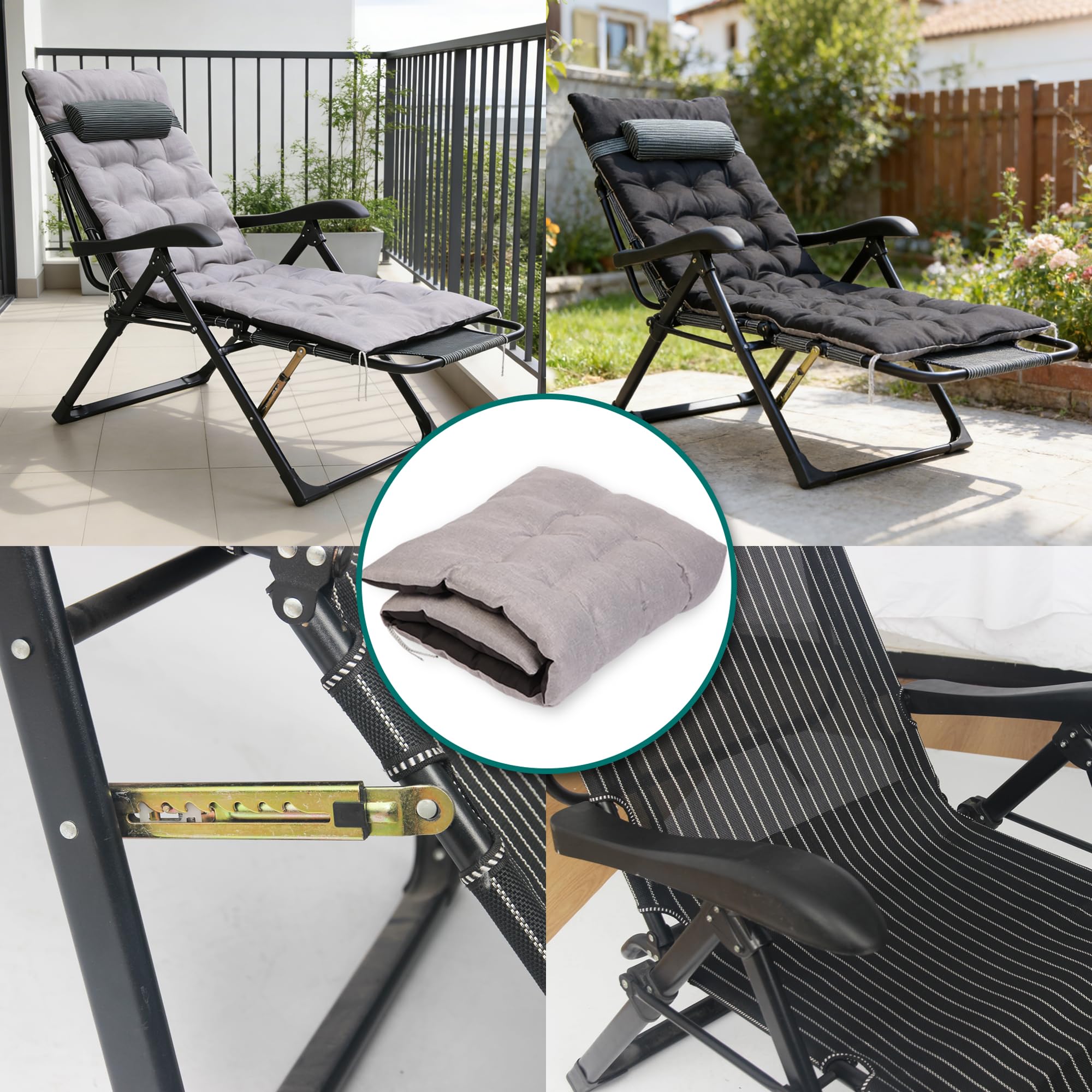 Sdraio da Giardino Pieghevole con Cuscino - Lettino Sedia a Sdraio Poltrona Relax Extra Large, 7 Schienali Regolabili, per Giardino Piscina Terrazza, Nero