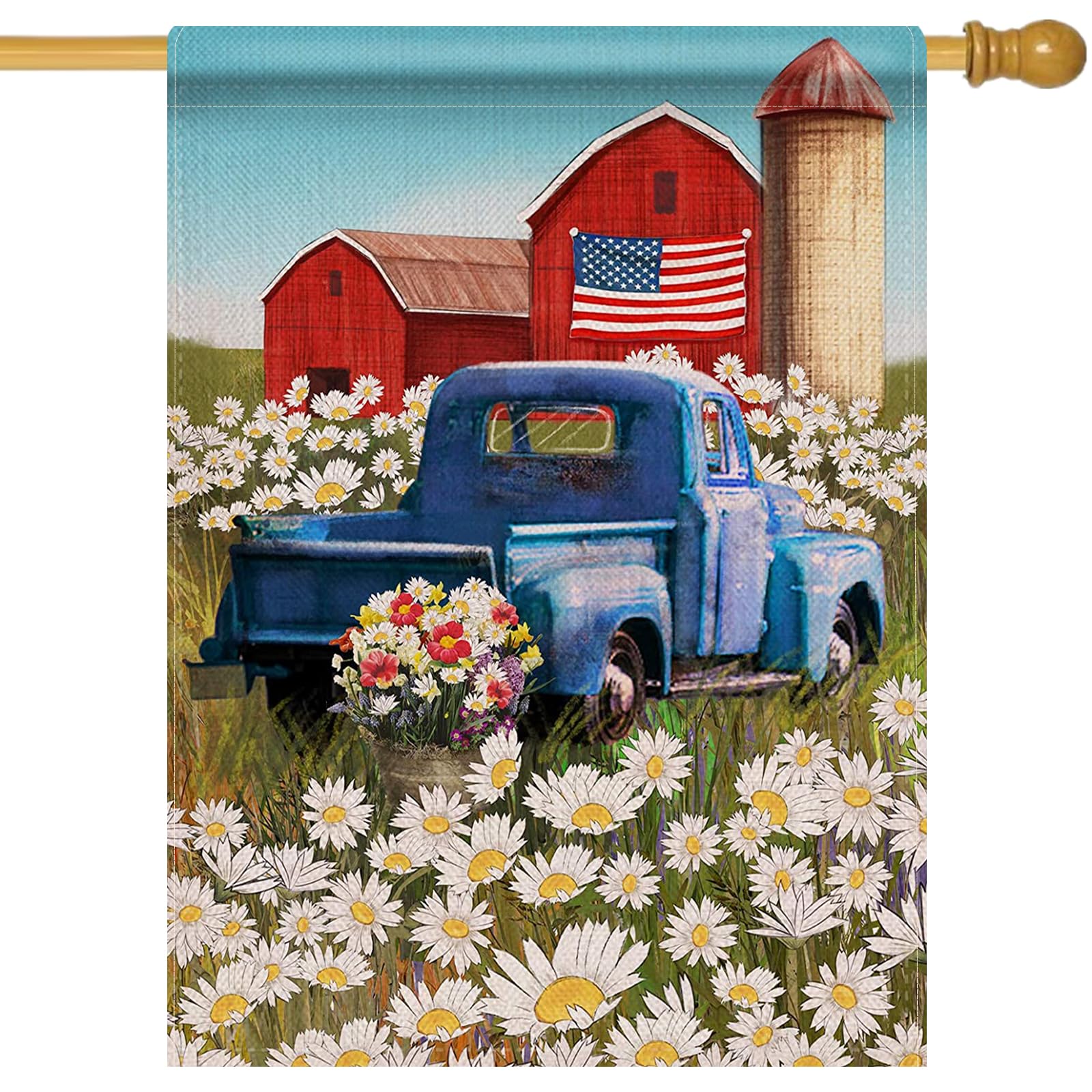 Dyrenson 28x40 Home Decorative 4th of July Patriotic Memorial Day Large House Flag Rustic Farm Flower Double Sided Welcome, Old Red Truck Burlap Yard Decoration, USA Daisy Outdoor Décor Spring Summer
