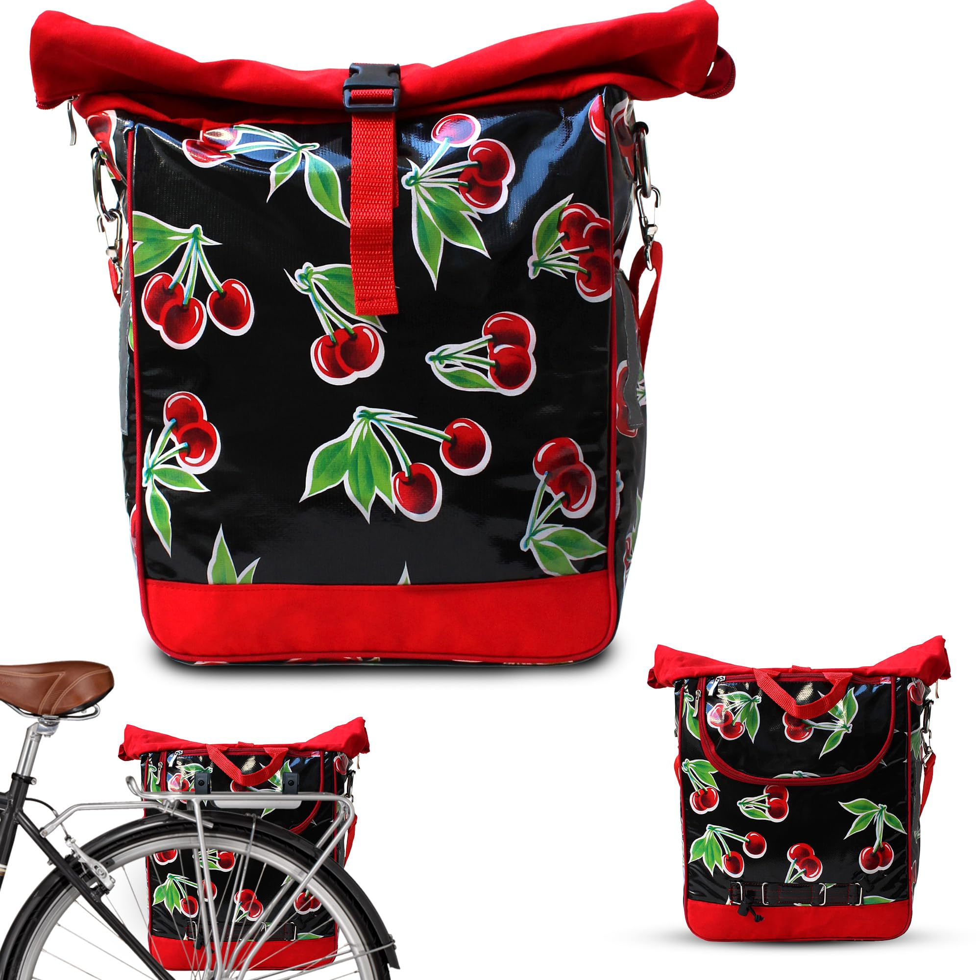 Ikuri Fahrradtasche für Gepäckträger Satteltasche Einzeltasche Packtasche, abnehmbar, mit Tragegurt zum Umhängen, aus Wachstuch, UNISEX, Wasserdicht